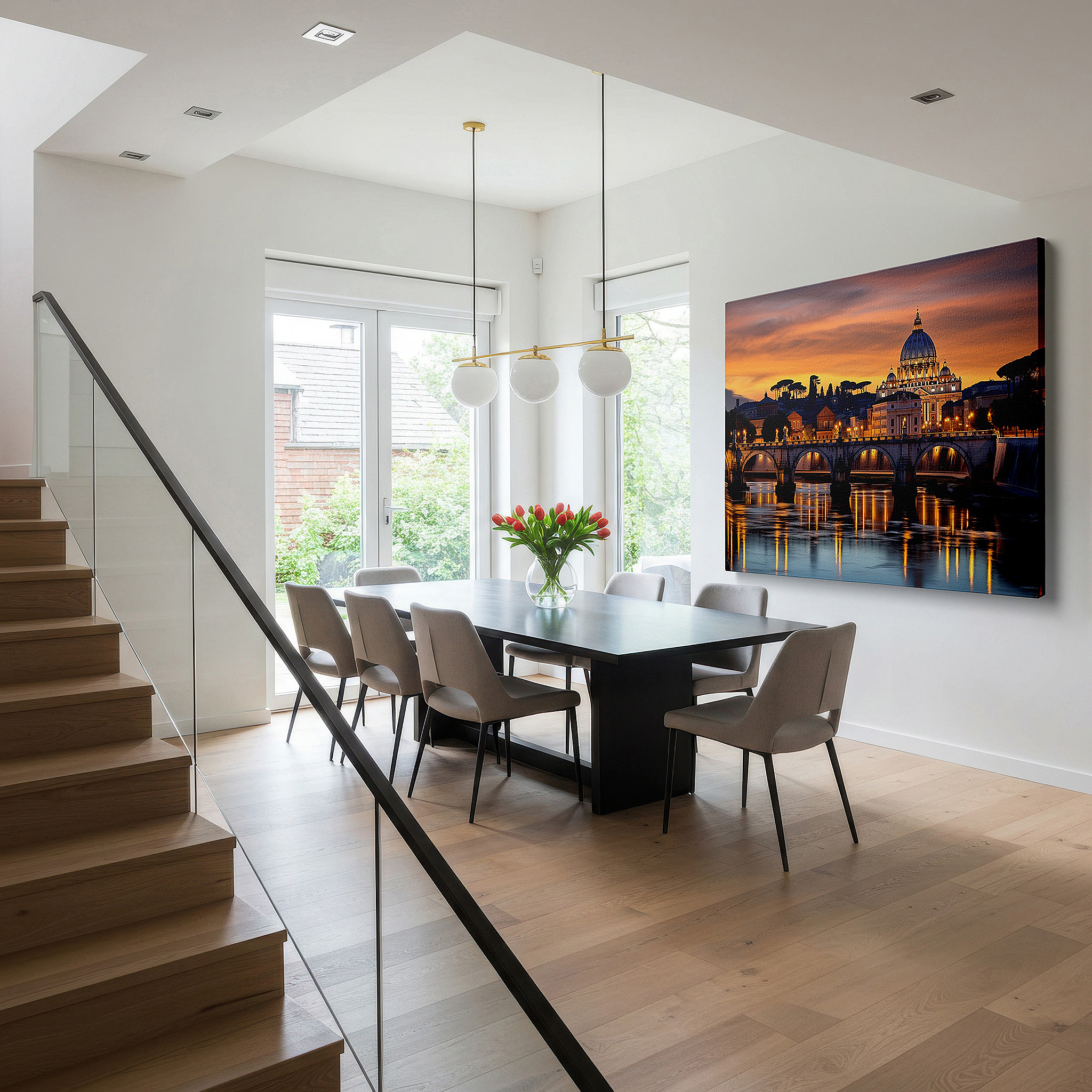 Featured in a dining room with dark wood furniture and candlelight — sunset over st. peter's basilica wall art: a symphony of light and reflection - large canvas art for office and bedroom decor