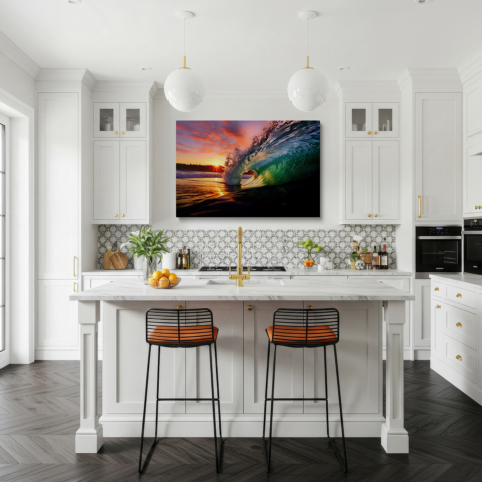 Featured in a dining room with dark wood furniture and candlelight — sunset wave spectrum - vibrant ocean blues and warm sky tones large wall art, canvas wall art, wall decor for office and bedroom