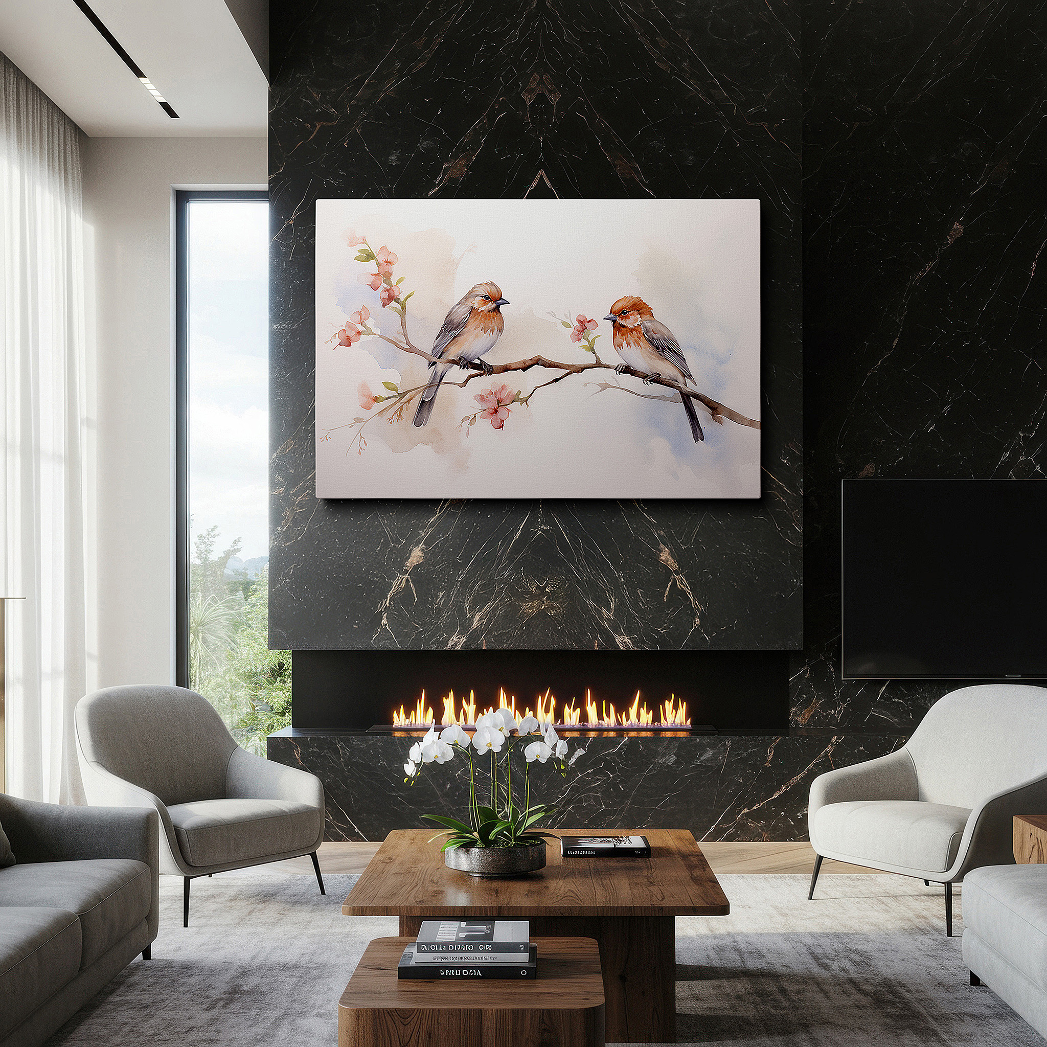 Featured in a dining room with dark wood furniture and candlelight — tender birds perched on flowering branches, representing love and connection - large wall art, canvas wall art, wall decor for office and bedroom