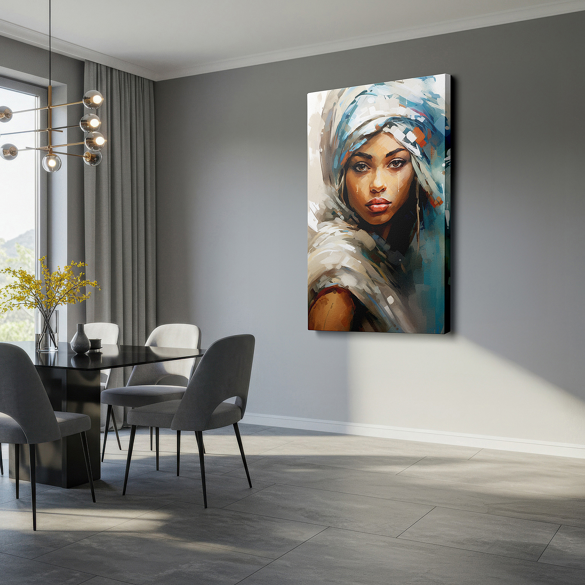 Featured in a dining room with dark wood furniture and candlelight — traditional elegance: celebrating feminine strength and cultural identity - large wall art, canvas wall art, wall decor, office wall art