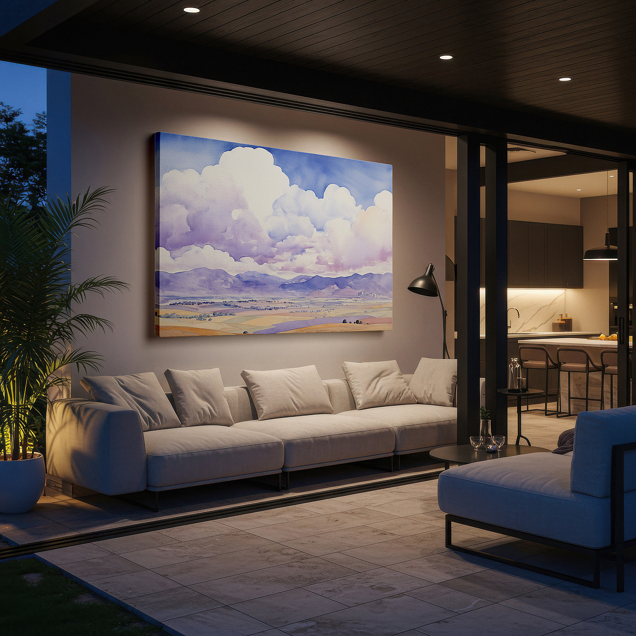 Featured in a dining room with dark wood furniture and candlelight — tranquil landscape with ethereal clouds and distant mountains, symphony of serenity large wall art, canvas wall art, wall decor for office