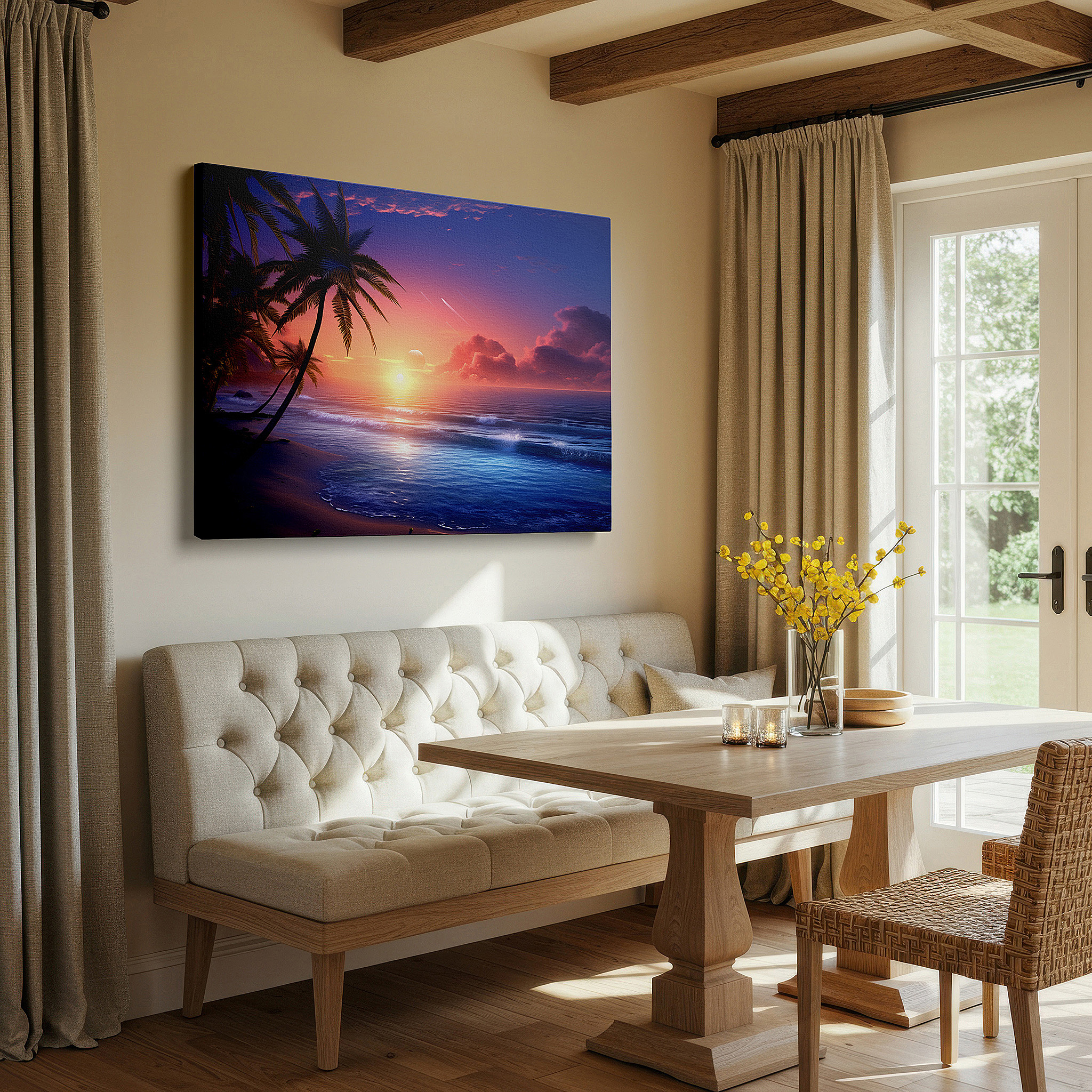 Featured in a dining room with dark wood furniture and candlelight — tropical sunset serenity: fiery skies and pristine beach - large canvas wall art for office, bedroom, and living room decor