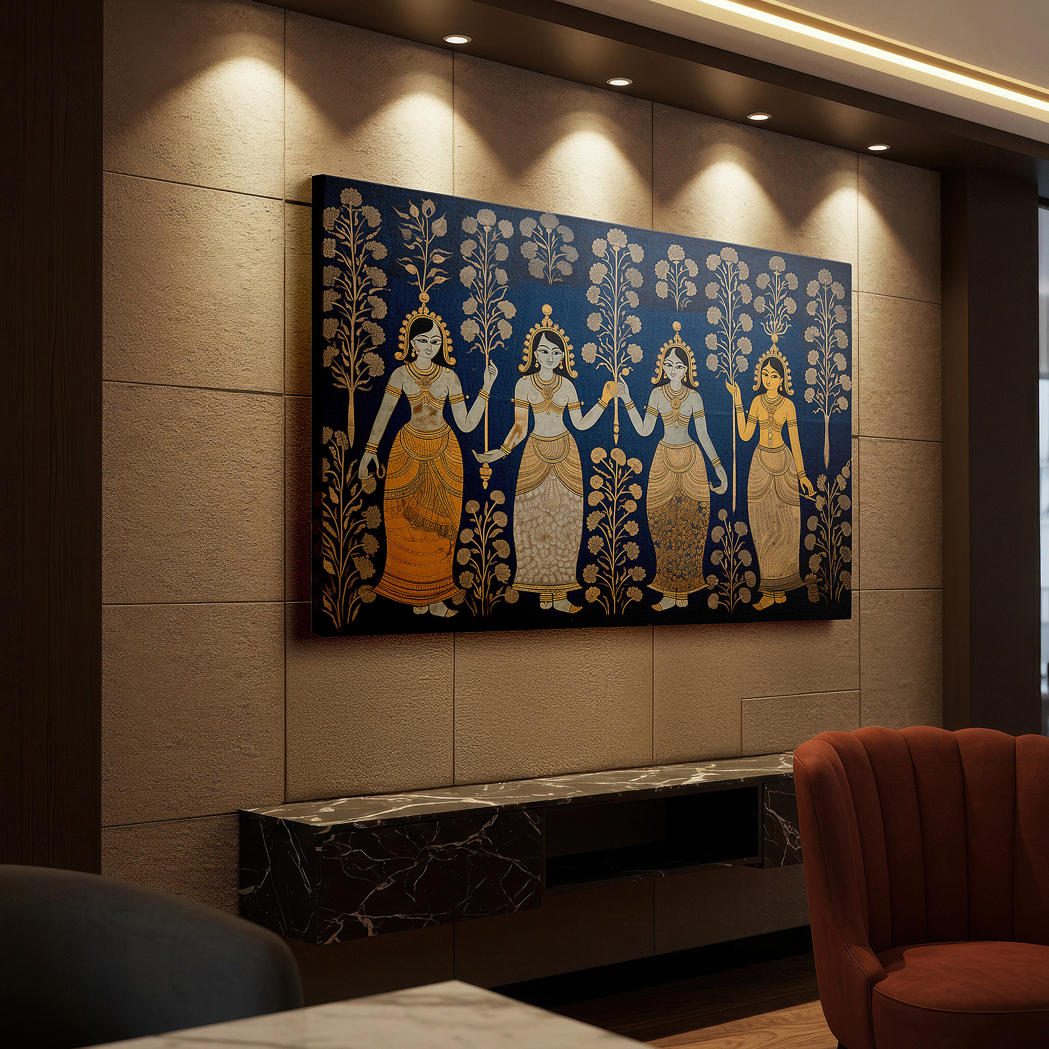 Featured in a dining room with dark wood furniture and candlelight — twilight divine femininity: celebrating goddesses in celestial blues and crimson - large canvas wall art for office decor