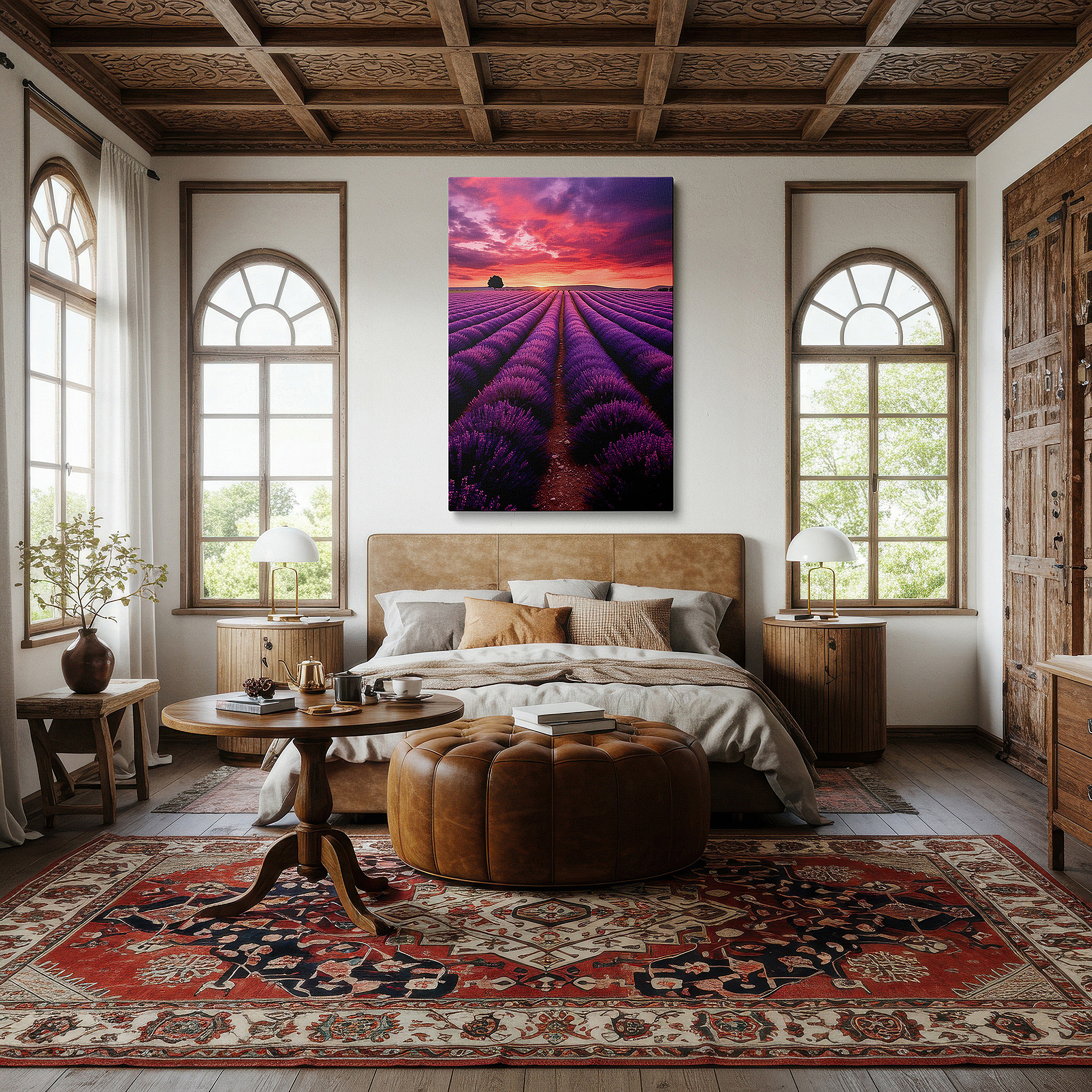 Featured in a dining room with dark wood furniture and candlelight — twilight lavender fields - serene and vibrant nature scene large wall art, canvas wall art, wall decor for office, bedroom, and living room