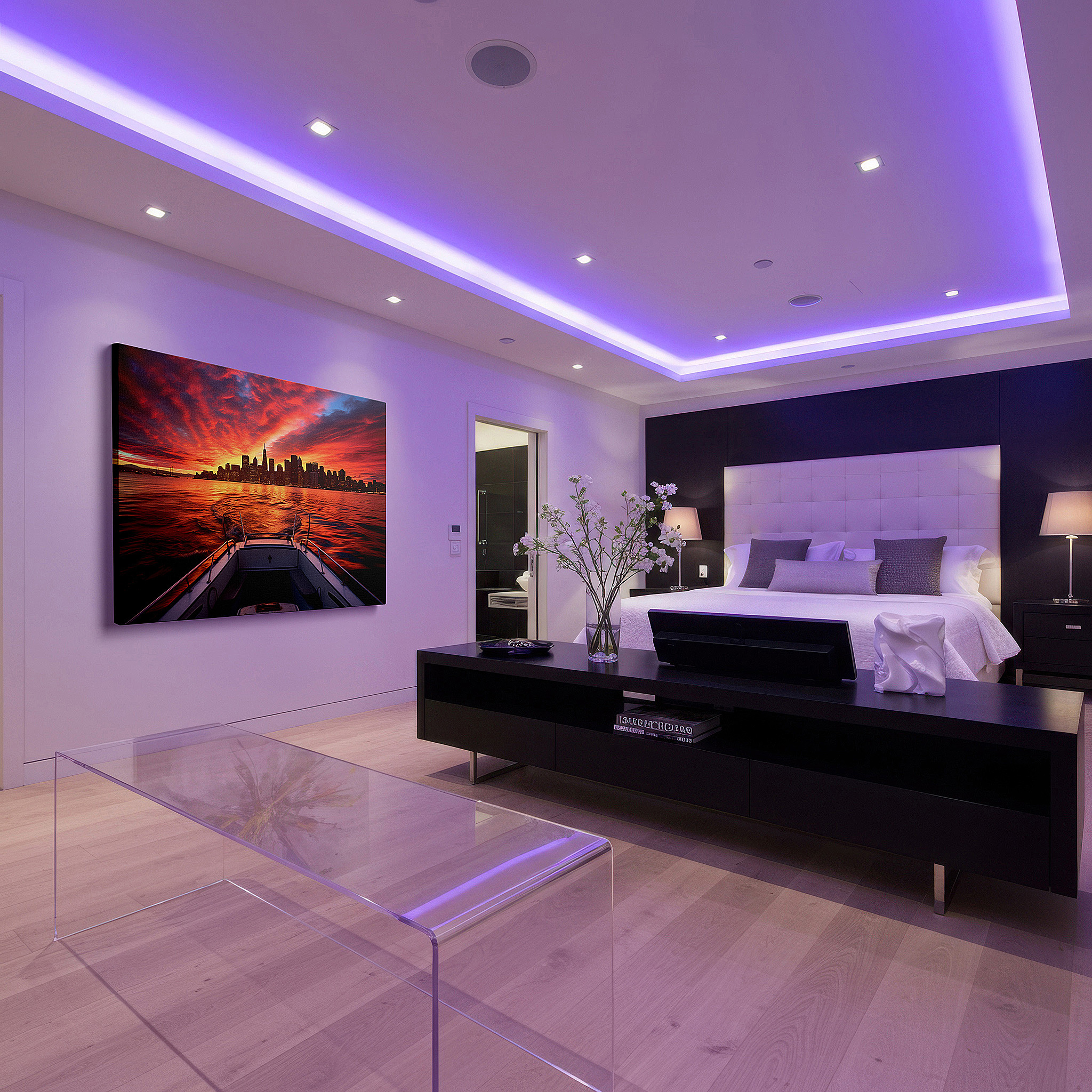 Featured in a dining room with dark wood furniture and candlelight — urban sunset and serene waters: a vivid skyline and nature's tranquil beauty - large wall art, canvas wall art, wall decor for office and bedroom