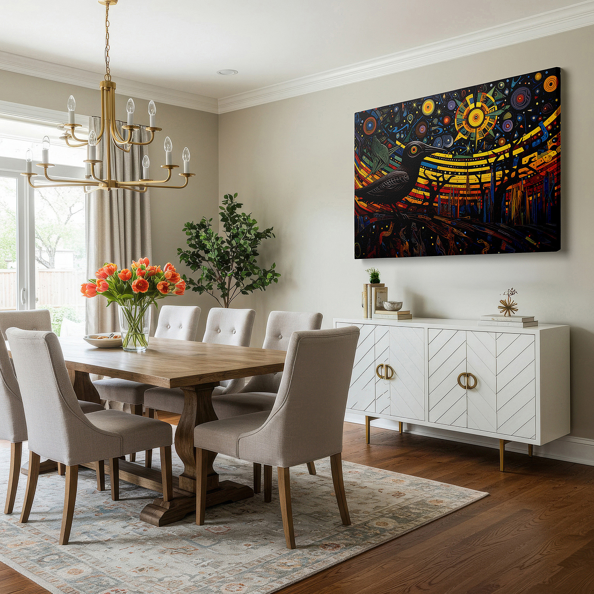 Featured in a dining room with dark wood furniture and candlelight — vibrant cosmic exploration and celestial designs large wall art, canvas wall decor for offices and bedrooms