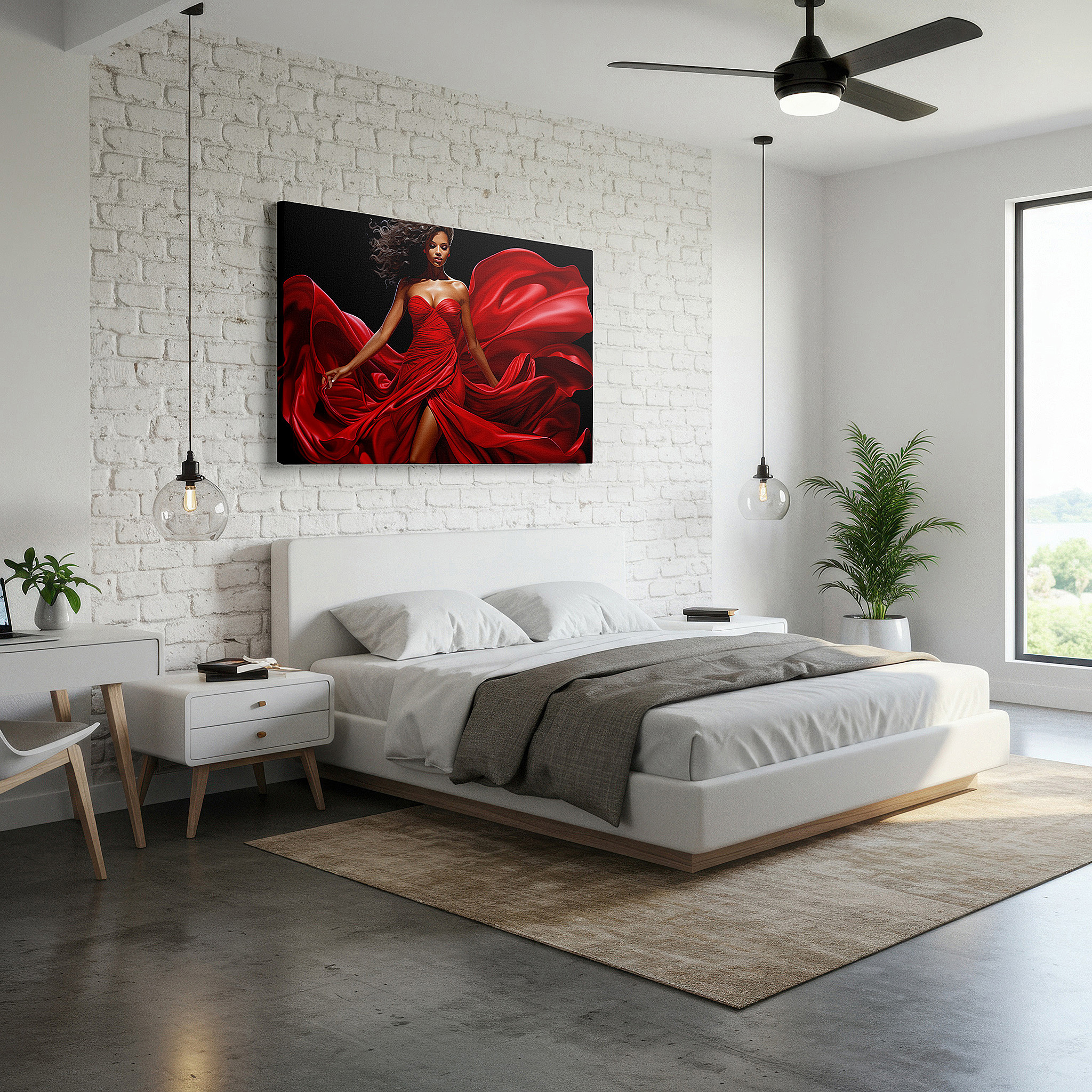Featured in a dining room with dark wood furniture and candlelight — vibrant lady in red: emblem of passion and strength - oversized wall art for office, bedroom, and living room decor