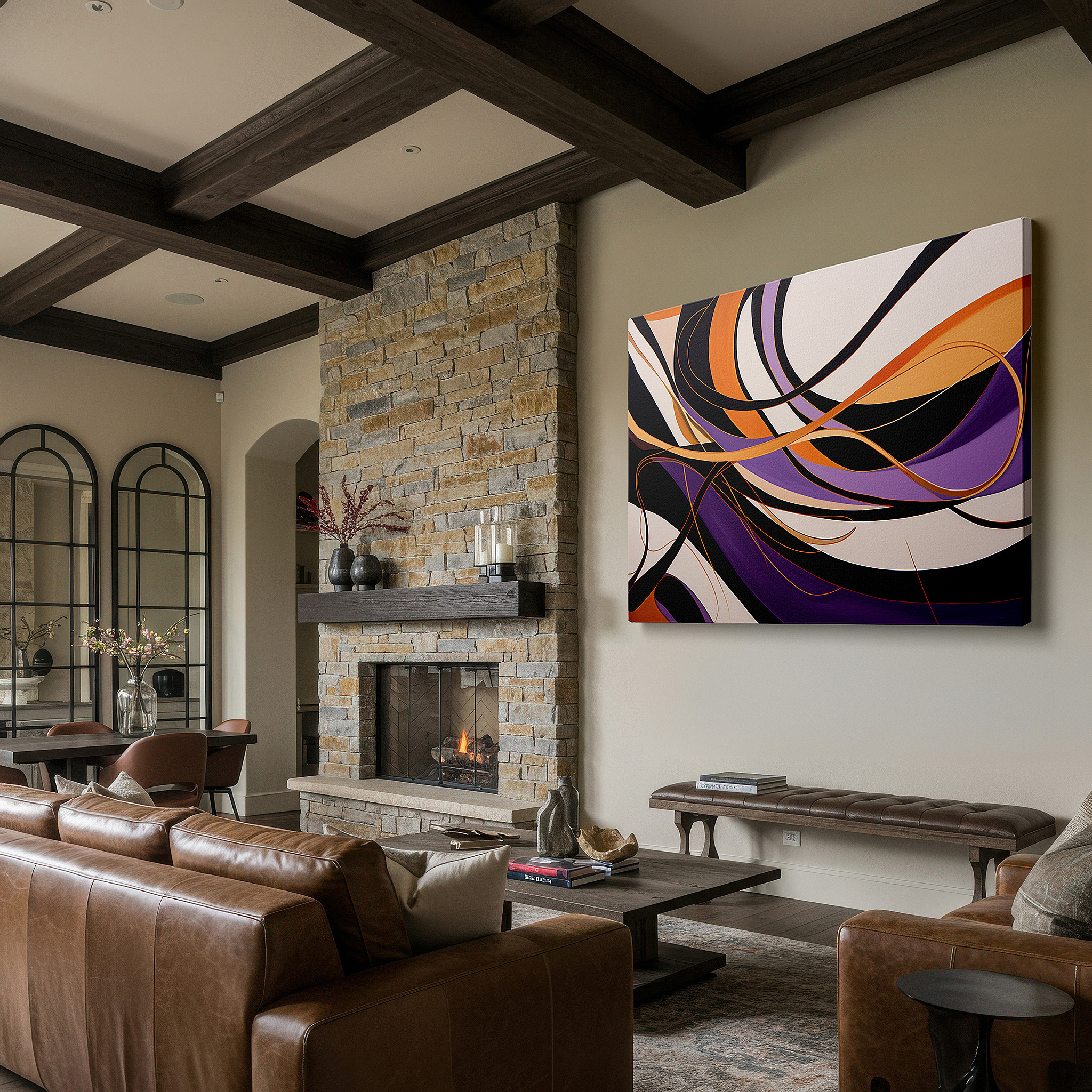 Featured in a dining room with dark wood furniture and candlelight — vibrant symphony of curved lines in orange, purple, and black - large canvas wall art for office, living room, and bedroom decor