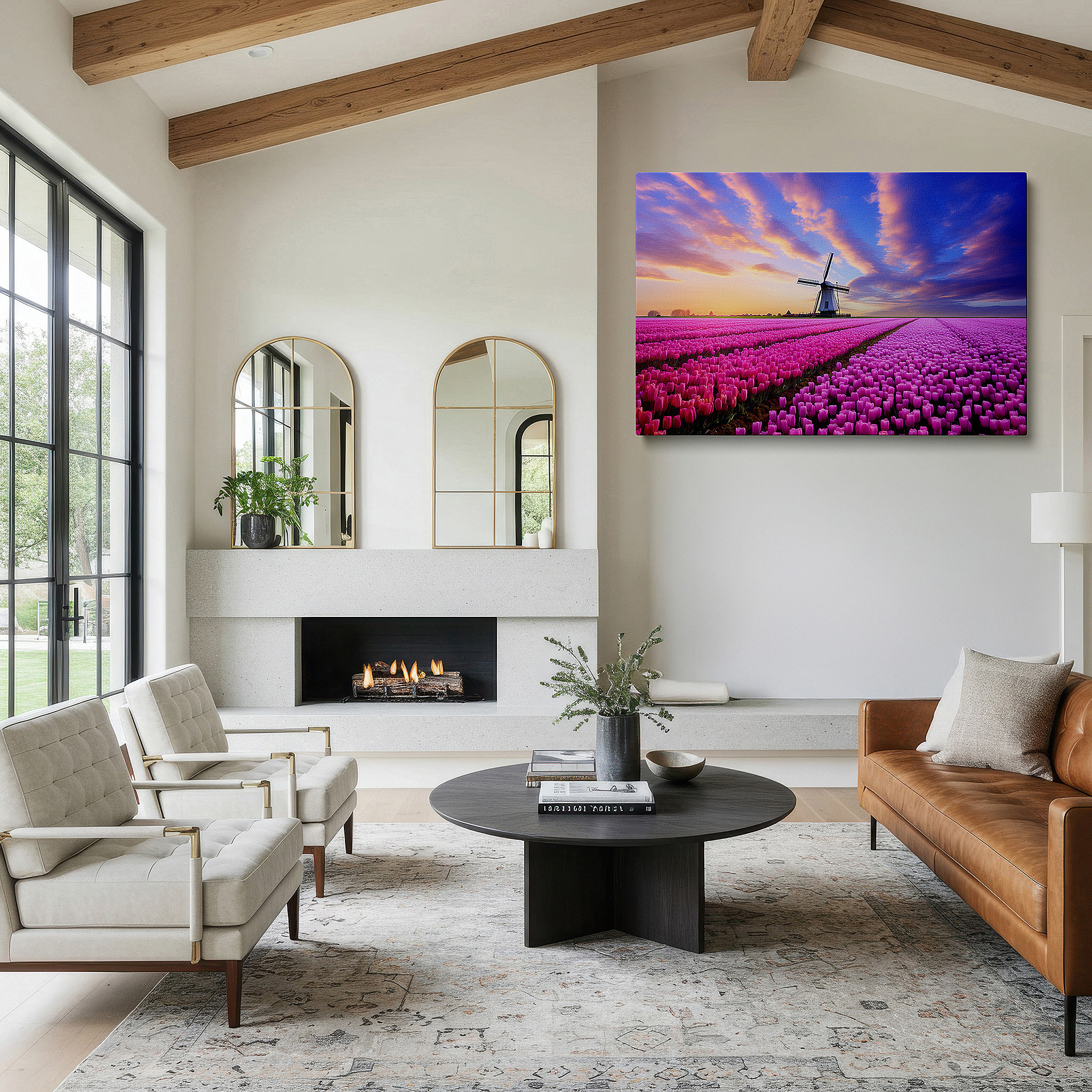 Featured in a dining room with dark wood furniture and candlelight — vibrant tulip fields and classic windmill beneath a dramatic sky: large canvas wall art for office, bedroom, and living room decor