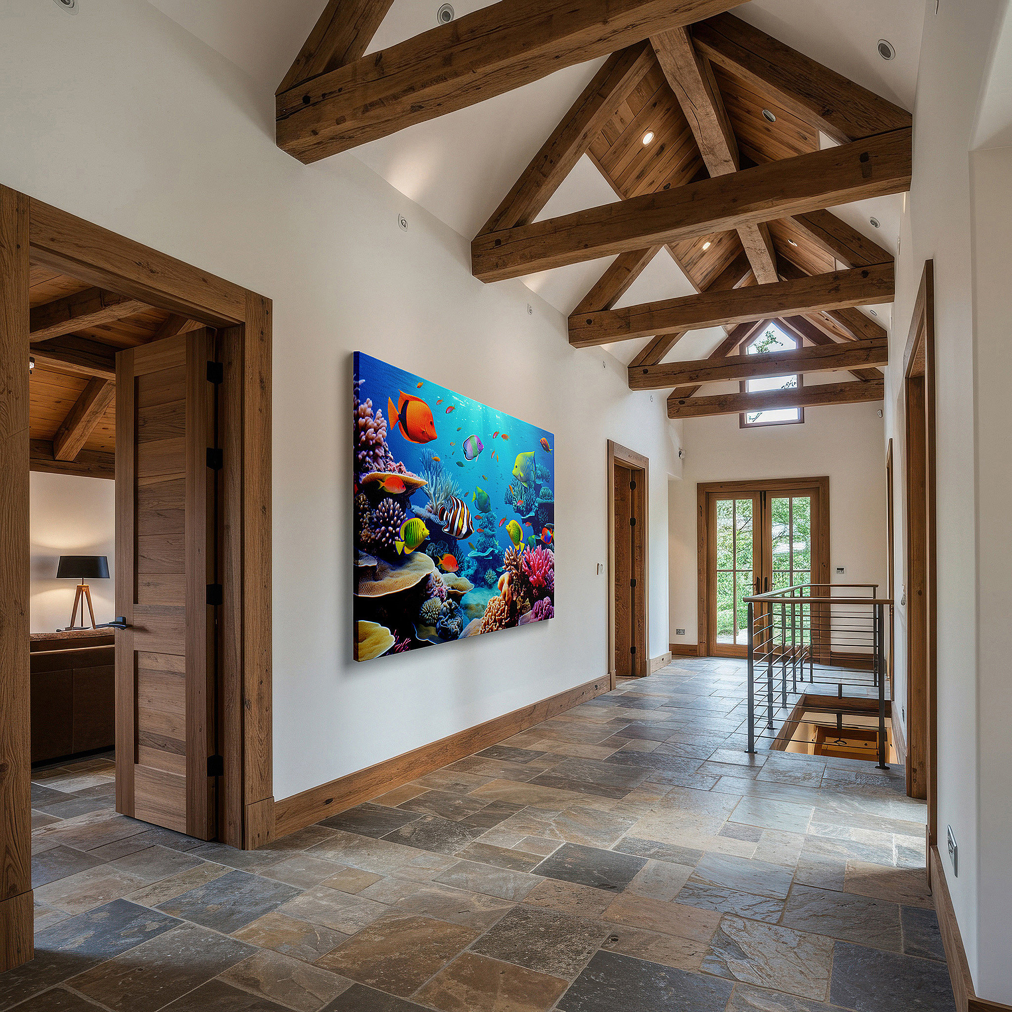 Featured in a dining room with dark wood furniture and candlelight — vibrant underwater paradise featuring coral reefs and tropical fish - large canvas wall art for office, bedroom, and living room decor