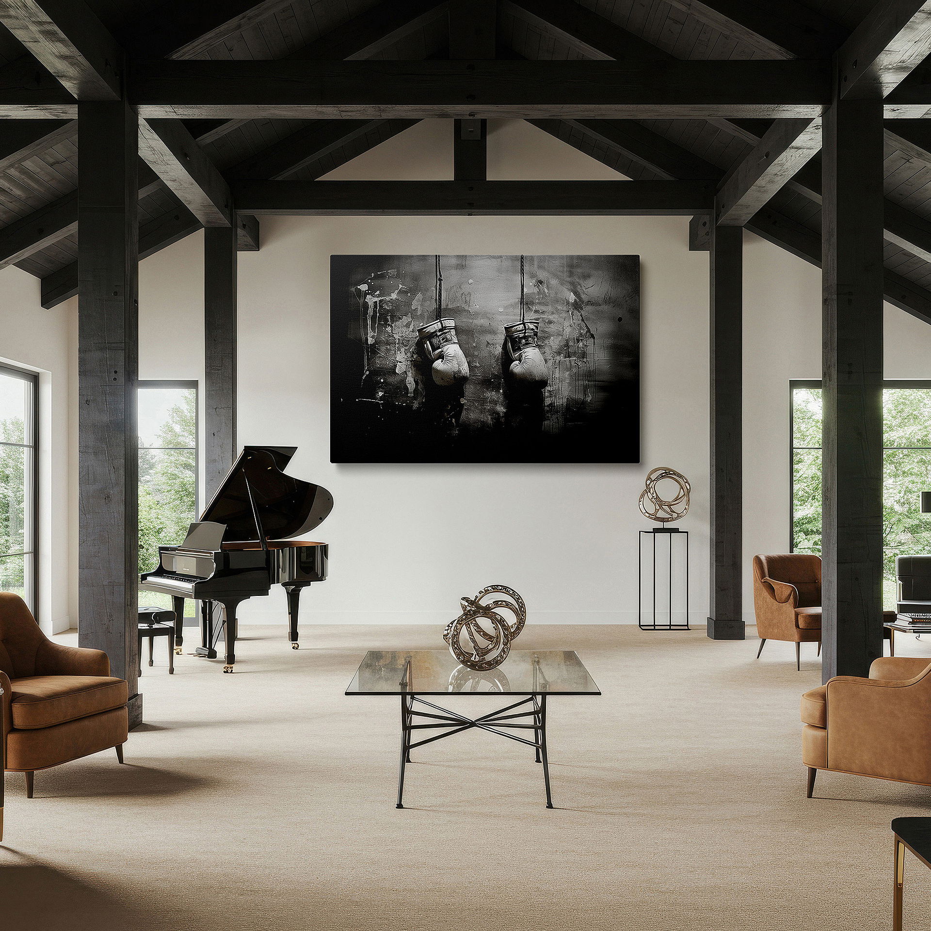 Featured in a dining room with dark wood furniture and candlelight — vintage black and white boxing gloves large wall art, timeless boxing legacy canvas, office and bedroom wall decor