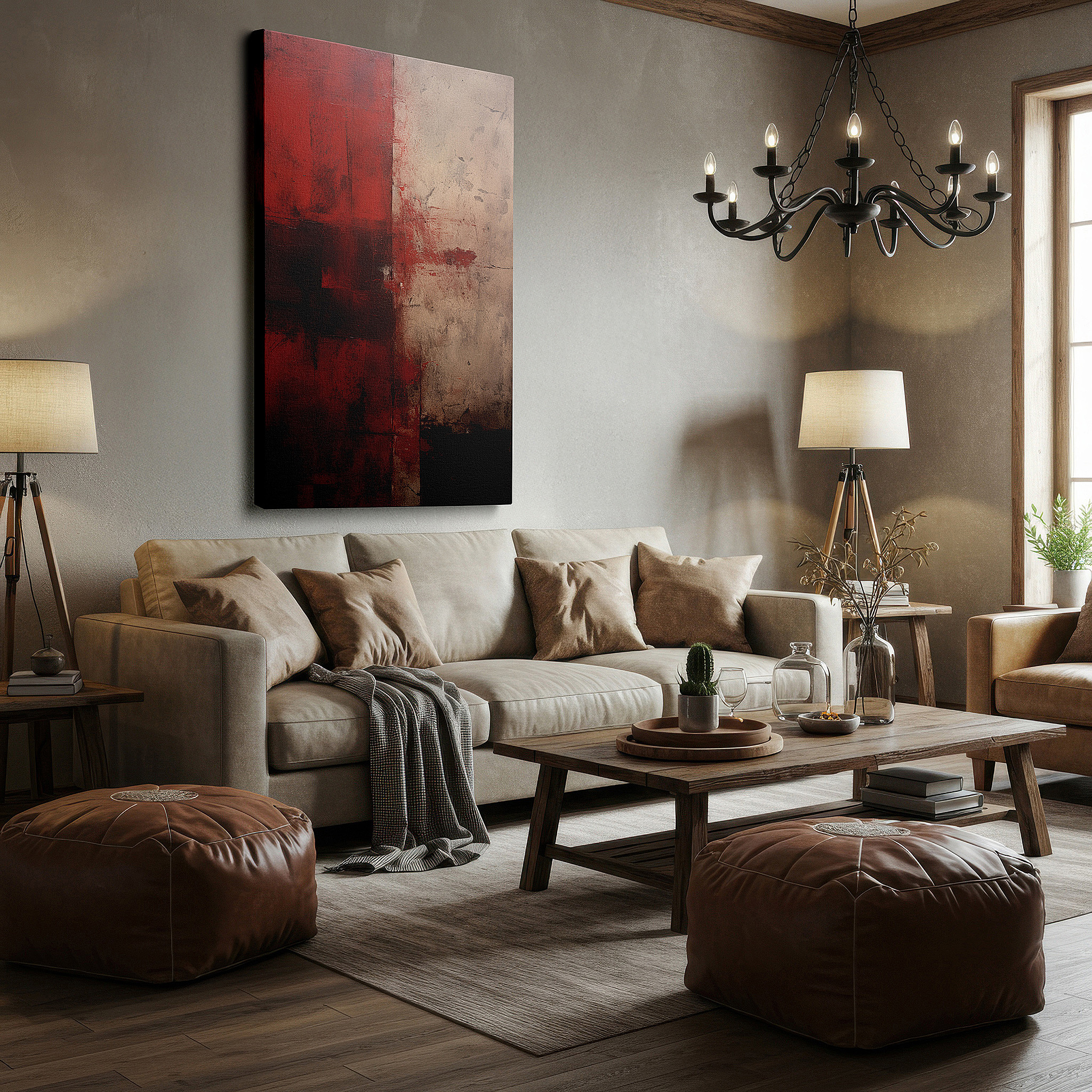 Featured in a dining room with dark wood furniture and candlelight — vivid reds and mysterious darks: emotional spectrum of conflict large wall art, canvas wall art, wall decor for office and bedroom