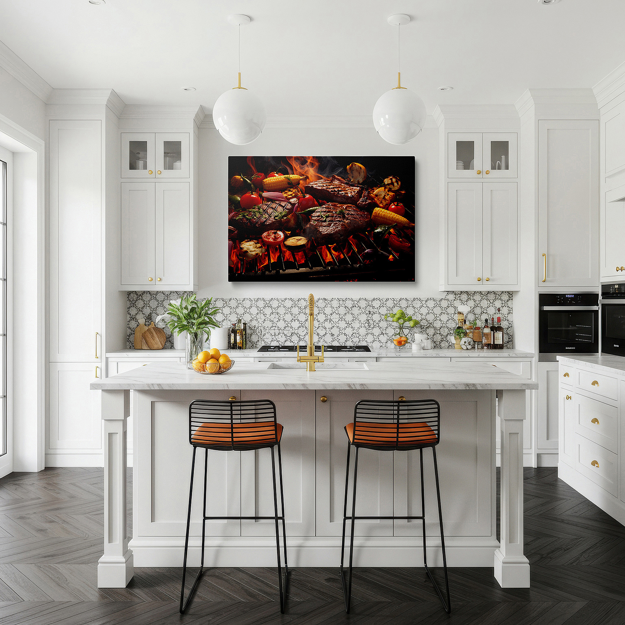 Featured in a dining room with dark wood furniture and candlelight — wall art: celebrate summer with bbq grill, bright vegetables, and shared happiness - large canvas for home or office decor, perfect for living room or bedroom