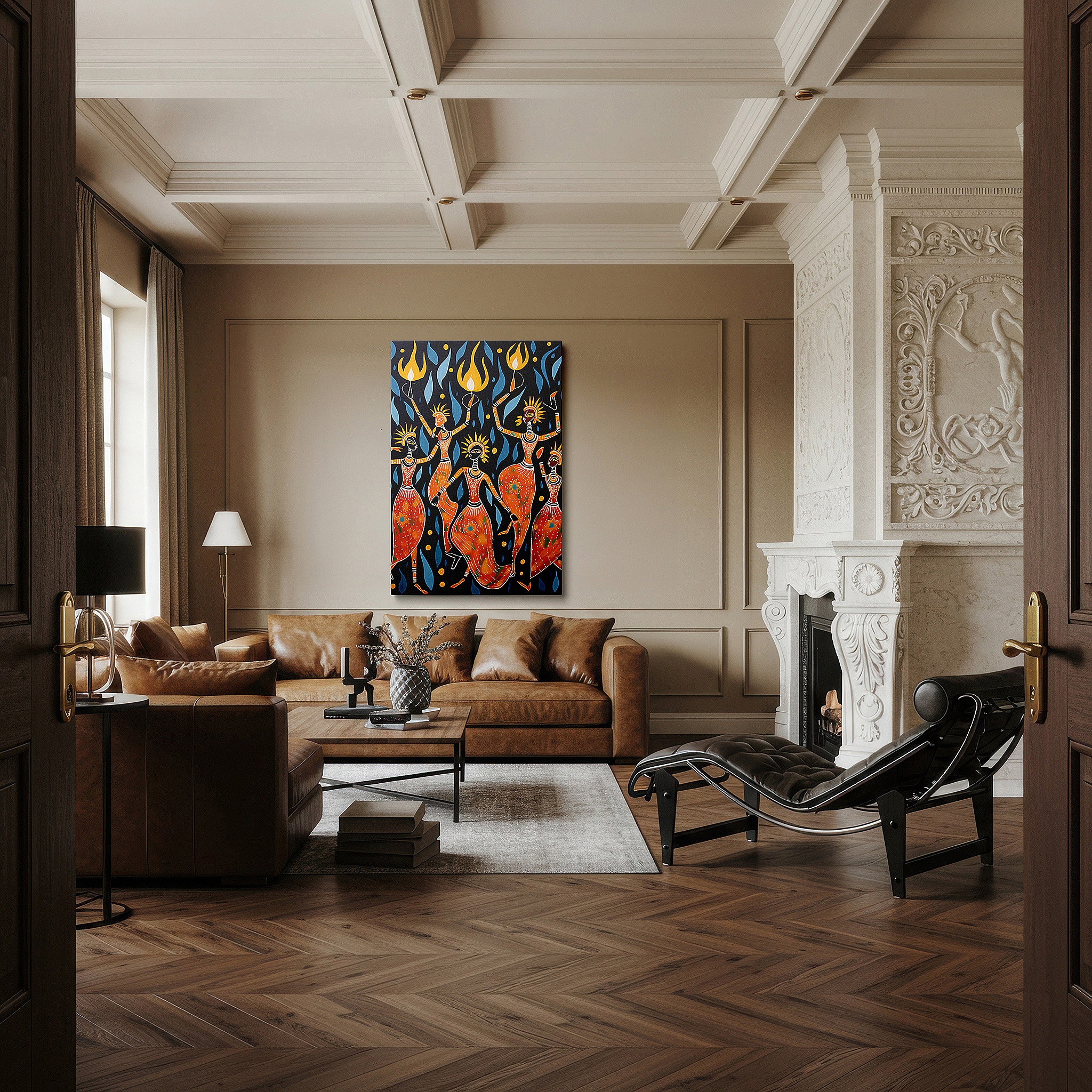 Featured in a dining room with dark wood furniture and candlelight — wall art: embracing unity and joy with cultural dance and vivid flames - large canvas art for home and office decor