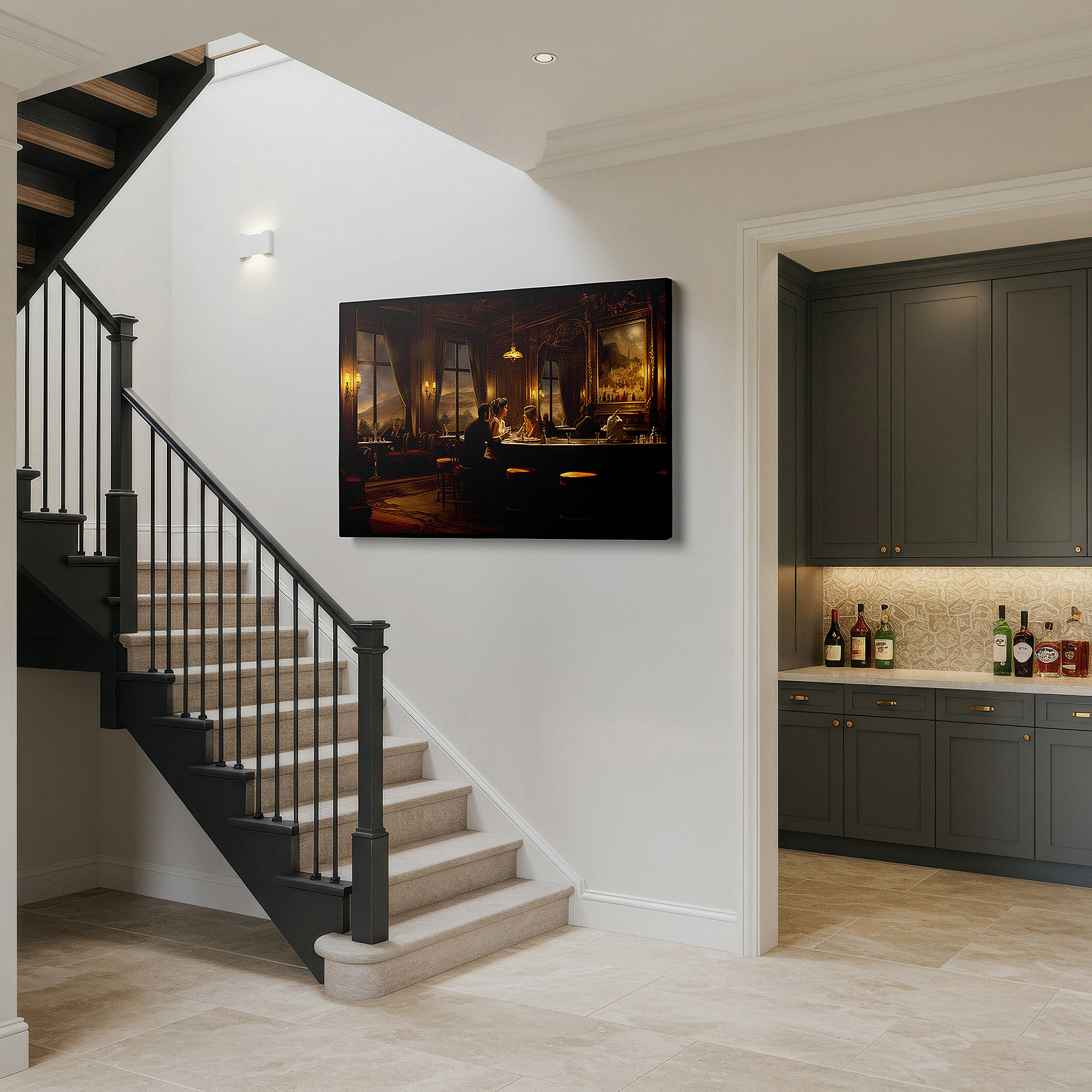Featured in a dining room with dark wood furniture and candlelight — wall art: experience elegance and luxury in a bar setting with sophisticated, warm large canvas art perfect for office or home decor.