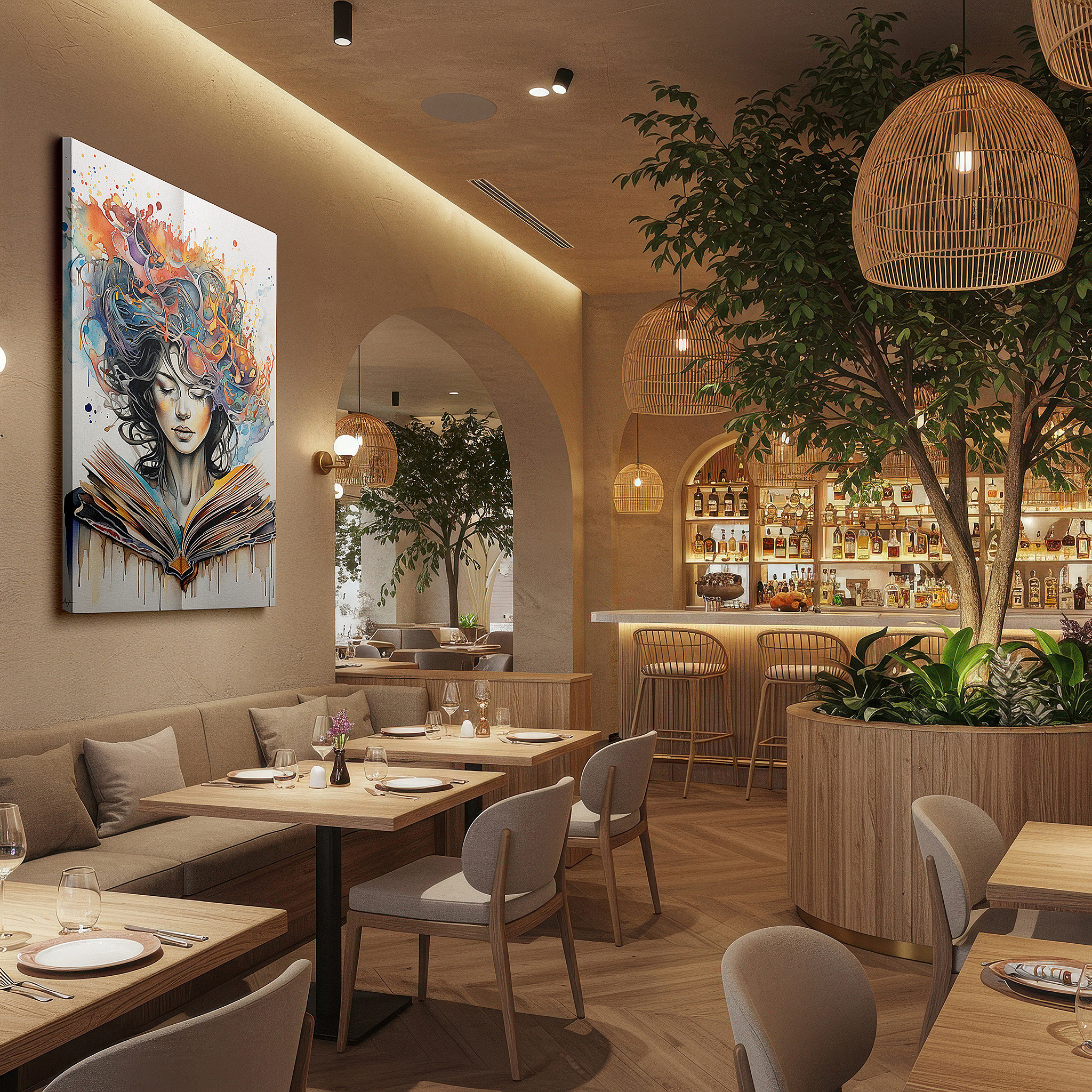 Featured in a dining room with dark wood furniture and candlelight — wall art: a fusion of creativity and intellect, featuring bright colors and symbolic designs - large wall art, canvas wall art, wall art decor, office wall art.