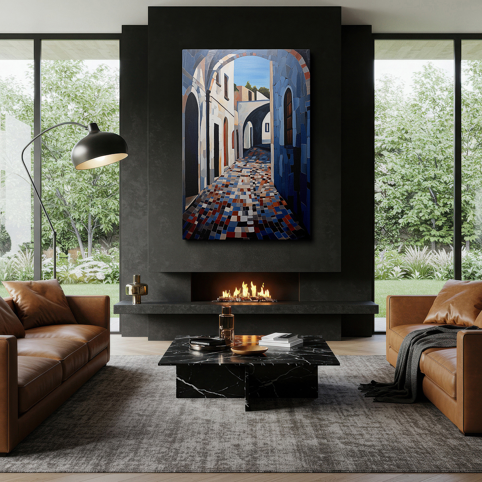 Featured in a dining room with dark wood furniture and candlelight — wall art: peaceful cobblestone alley in the city center, sunlit textures for a serene urban retreat - large canvas wall art for home and office decor