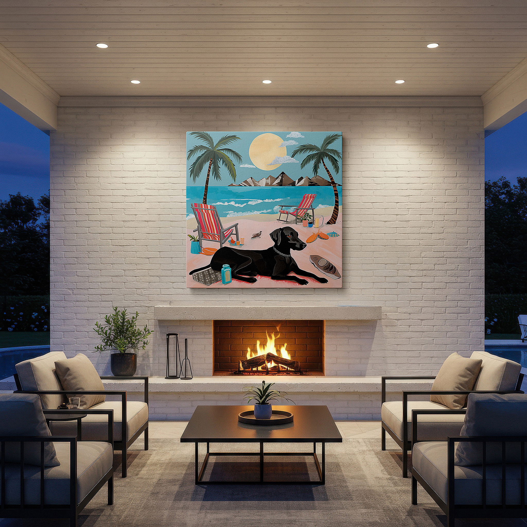 Featured in a dining room with dark wood furniture and candlelight — wall art: tranquil beach landscape featuring a black dog among palms and gentle sands - large canvas wall art for home and office decor, perfect for living room and bedroom