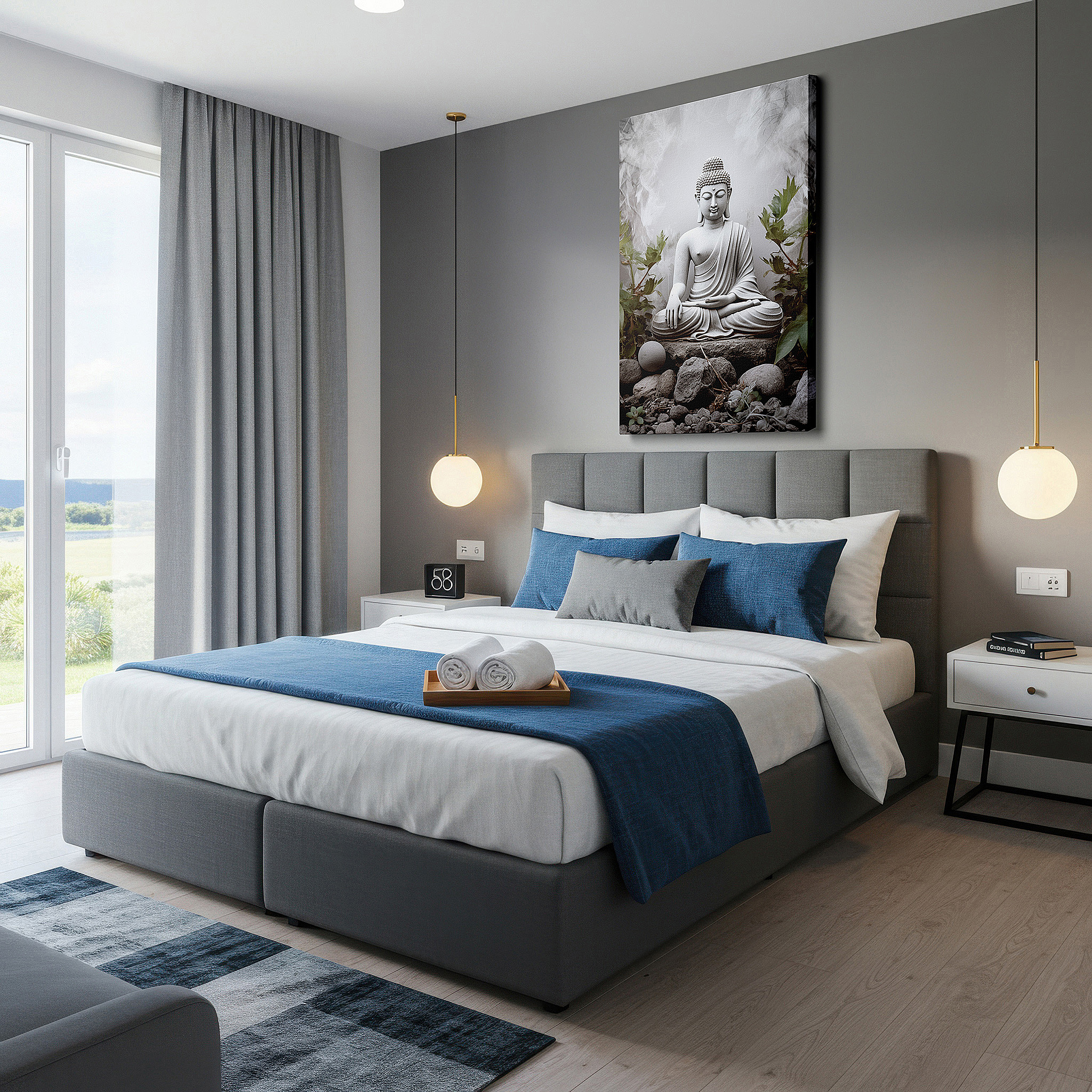 Featured in a dining room with dark wood furniture and candlelight — wall art: tranquil white marble buddha surrounded by verdant foliage - a representation of peace and enlightenment. ideal for home or office decor, available as large canvas wall art.