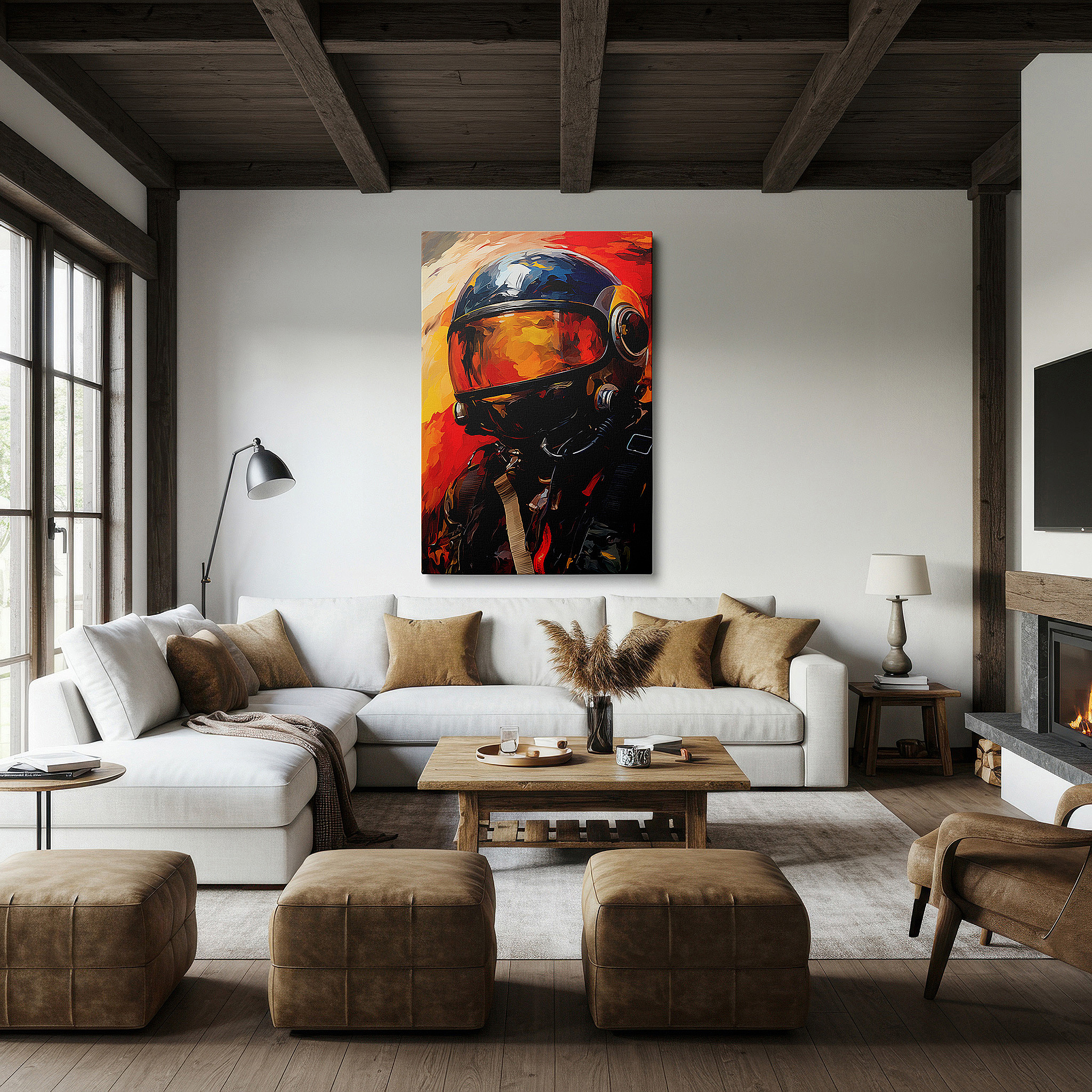 Featured in a dining room with dark wood furniture and candlelight — wall decor: advanced aviation and exploration, pilot with modern helmet against a fiery sky, large canvas wall art for office decor