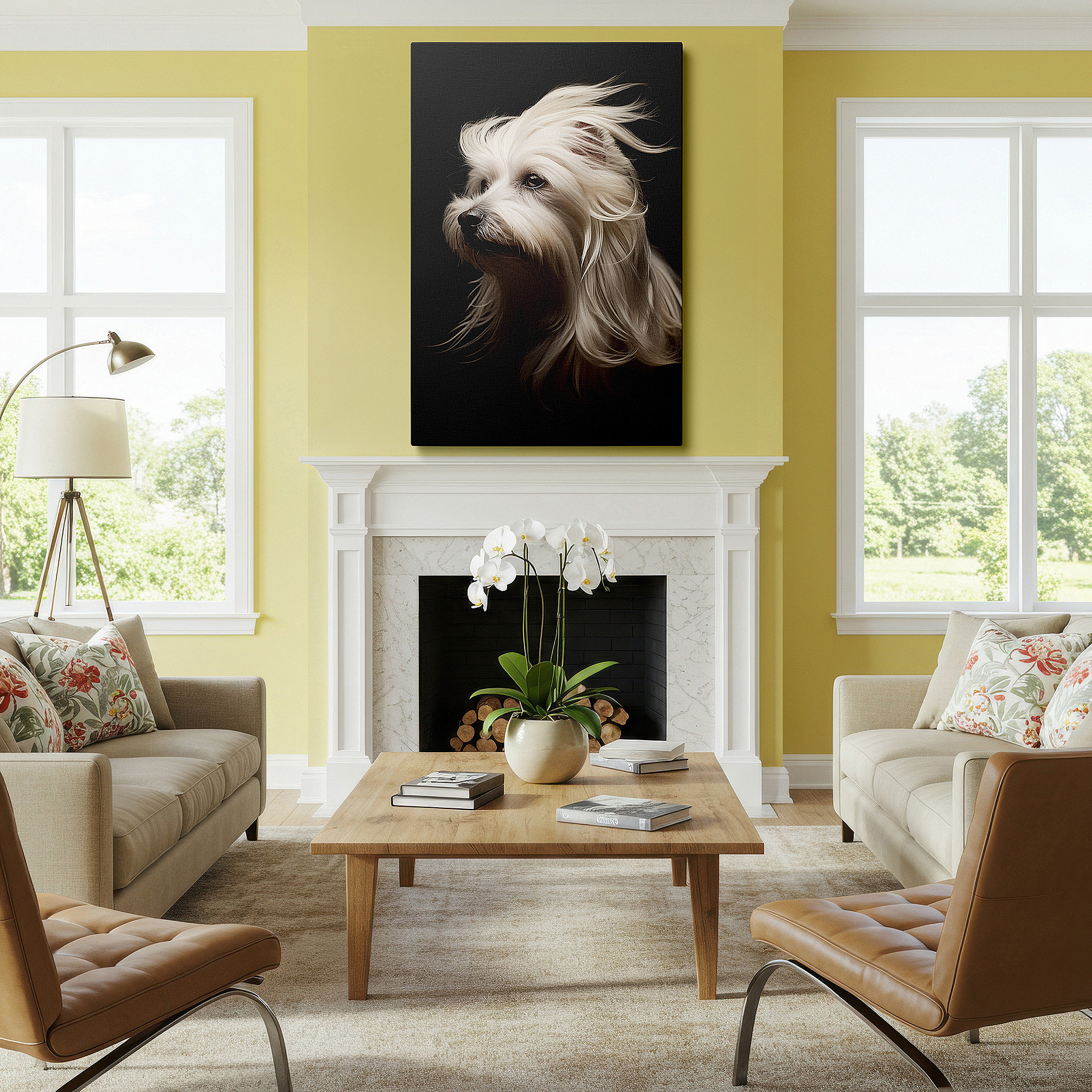 Featured in a dining room with dark wood furniture and candlelight — wall decor: elegant long-haired dog in enchanted light - symbolizing canine grace and sophistication, large canvas art for home and office