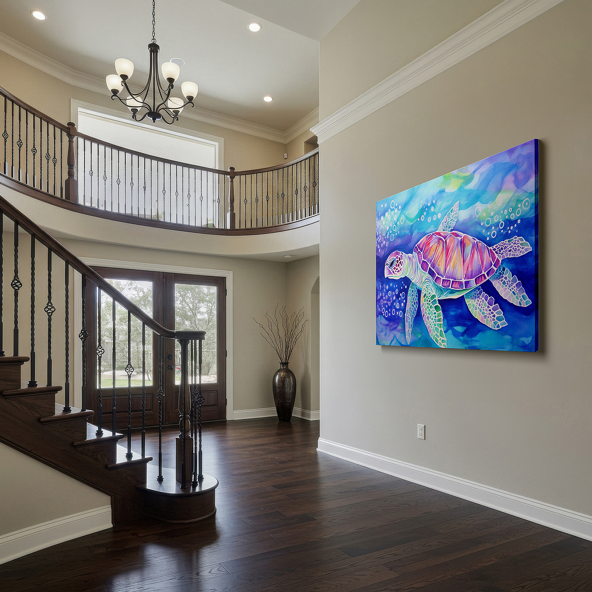 Featured in a dining room with dark wood furniture and candlelight — wall decor: elegant turtle traverses blue waters, representing oceanic knowledge and preservation - large canvas wall art for home and office decor
