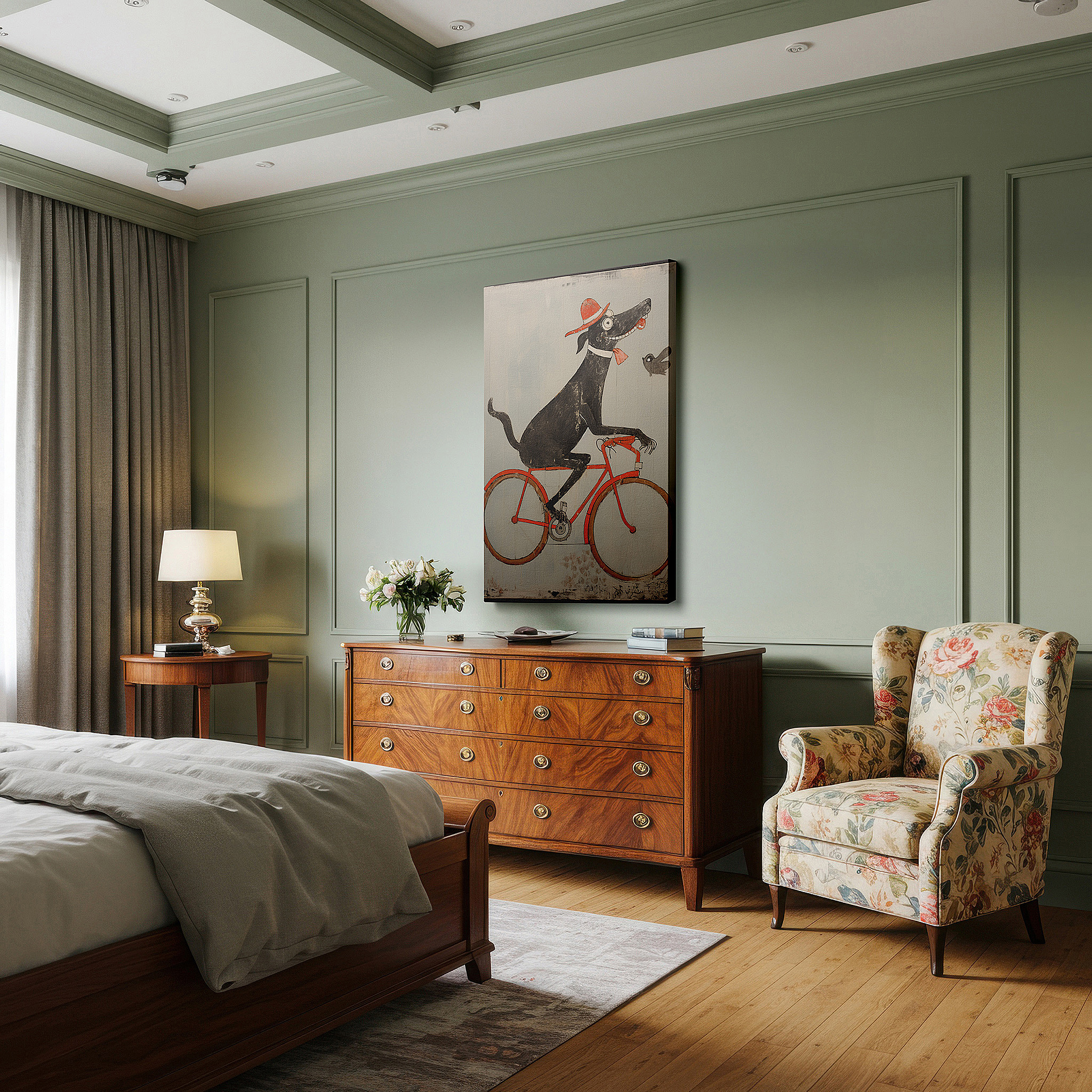 Featured in a dining room with dark wood furniture and candlelight — wall decor: joyful black dog on an orange bicycle with a red hat - large canvas art for office and bedroom