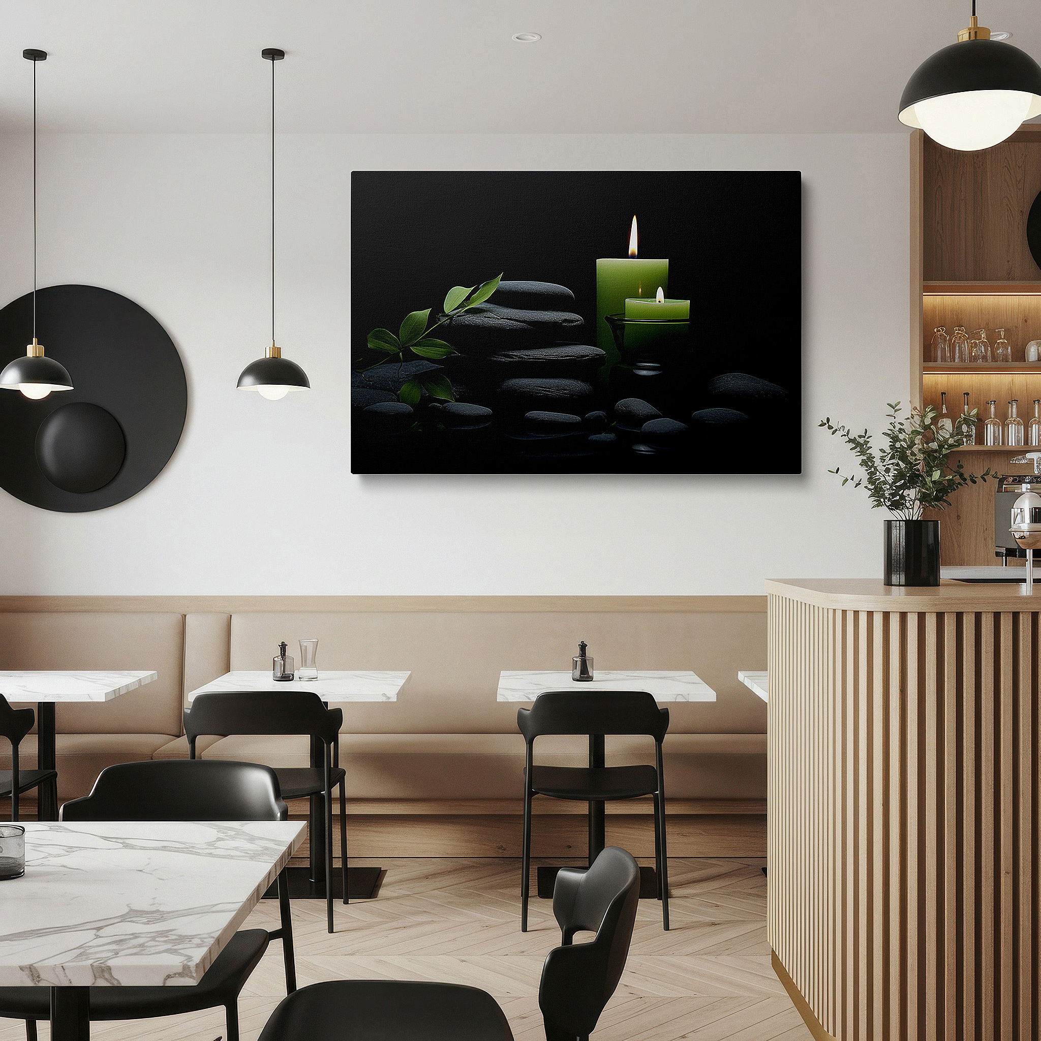 Featured in a dining room with dark wood furniture and candlelight — zen-inspired wall art featuring candles, stones, and subtle green accents for mindful relaxation - perfect for office decor, large canvas wall art
