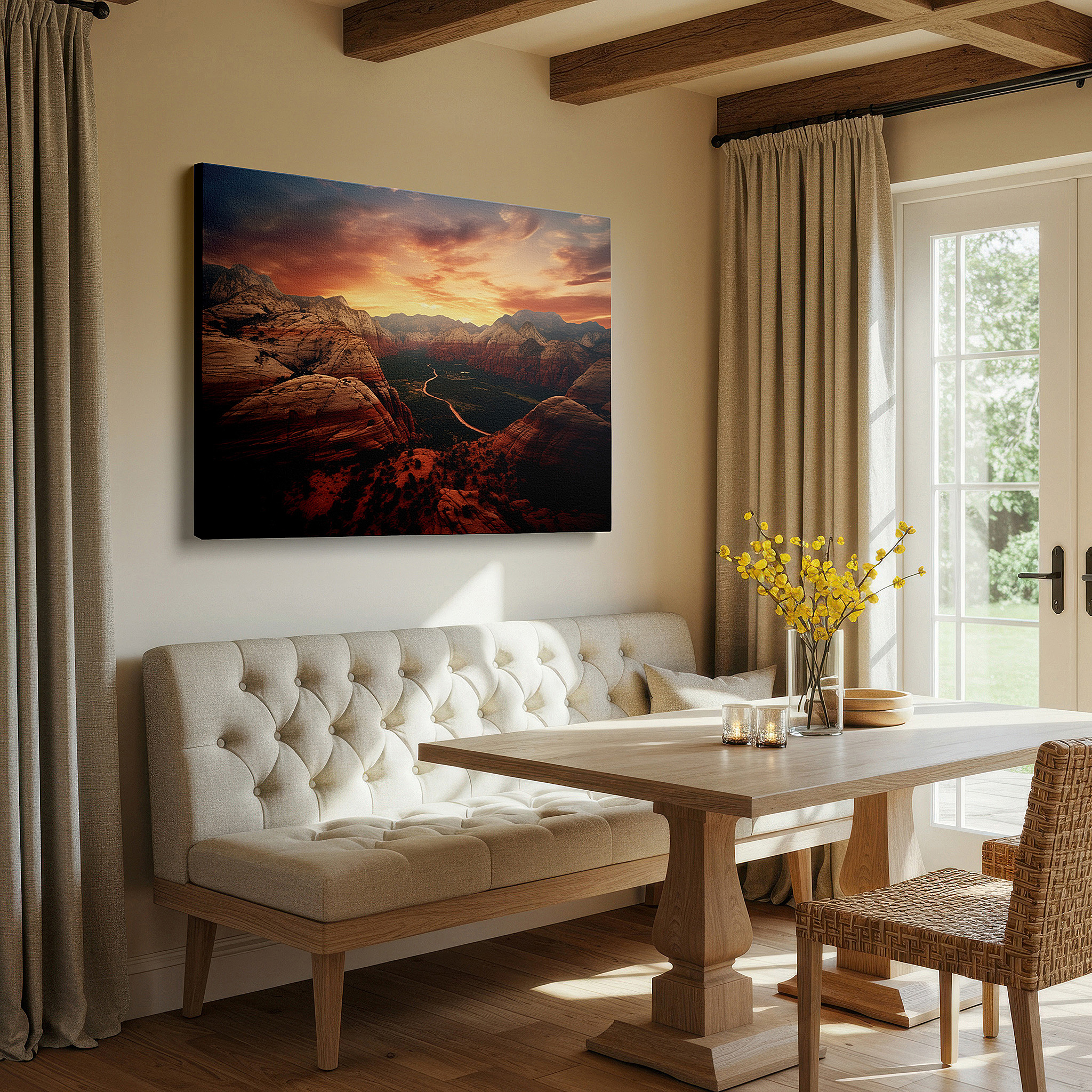 Featured in a dining room with dark wood furniture and candlelight — zion's sunset majesty: fiery hues and majestic cliffs - large canvas wall art for office and bedroom decor