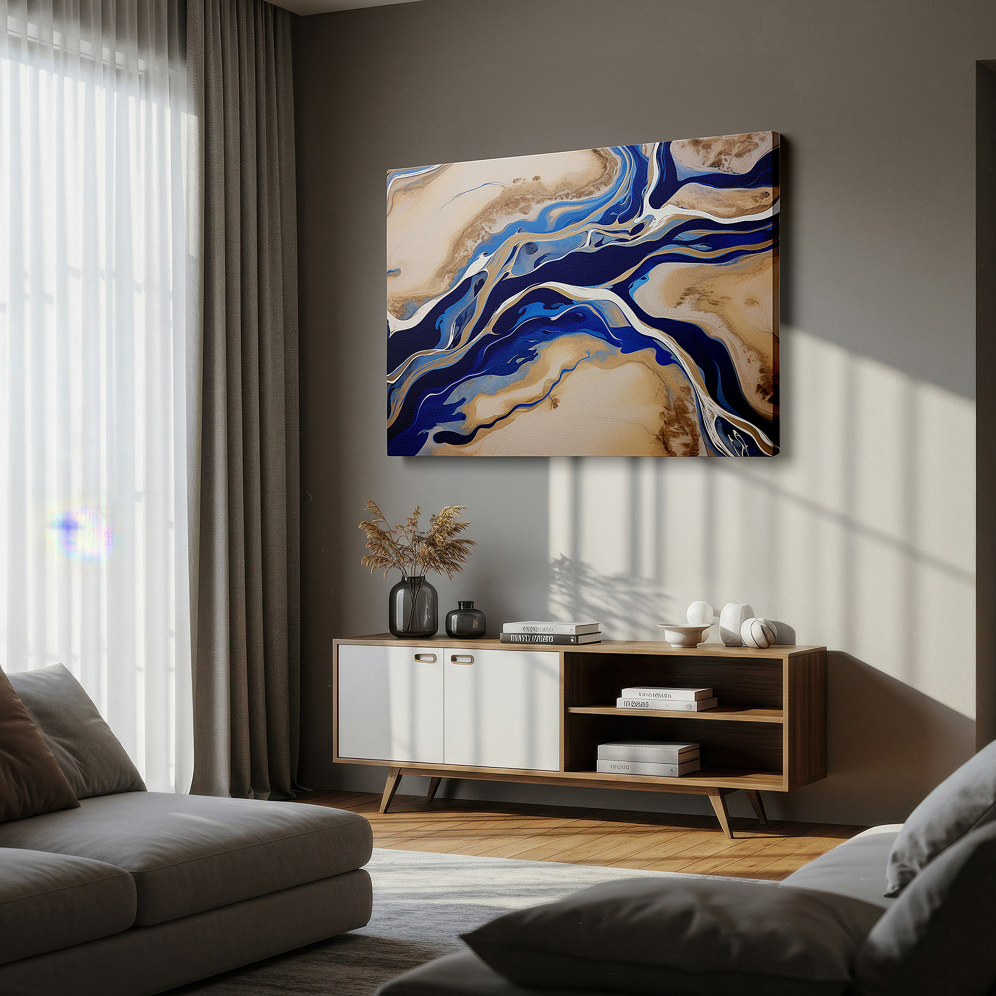 Framed by abstract decor and natural-toned accessories — abstract enchanting waterways wall art in vivid blues and earthy tones, large canvas for office, bedroom, and living room decor