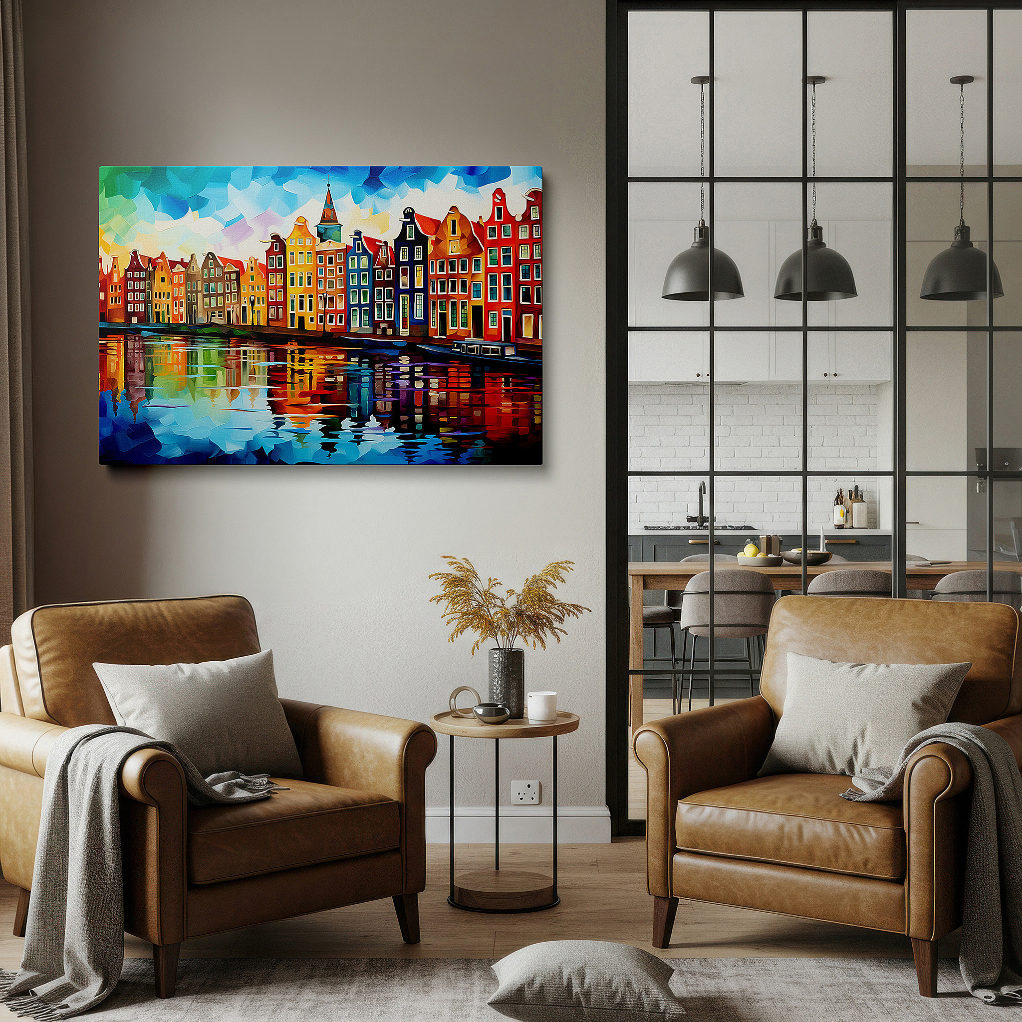 Framed by abstract decor and natural-toned accessories — amsterdam canal scene with vibrant dutch houses and reflective water - large canvas wall art for office and bedroom decor
