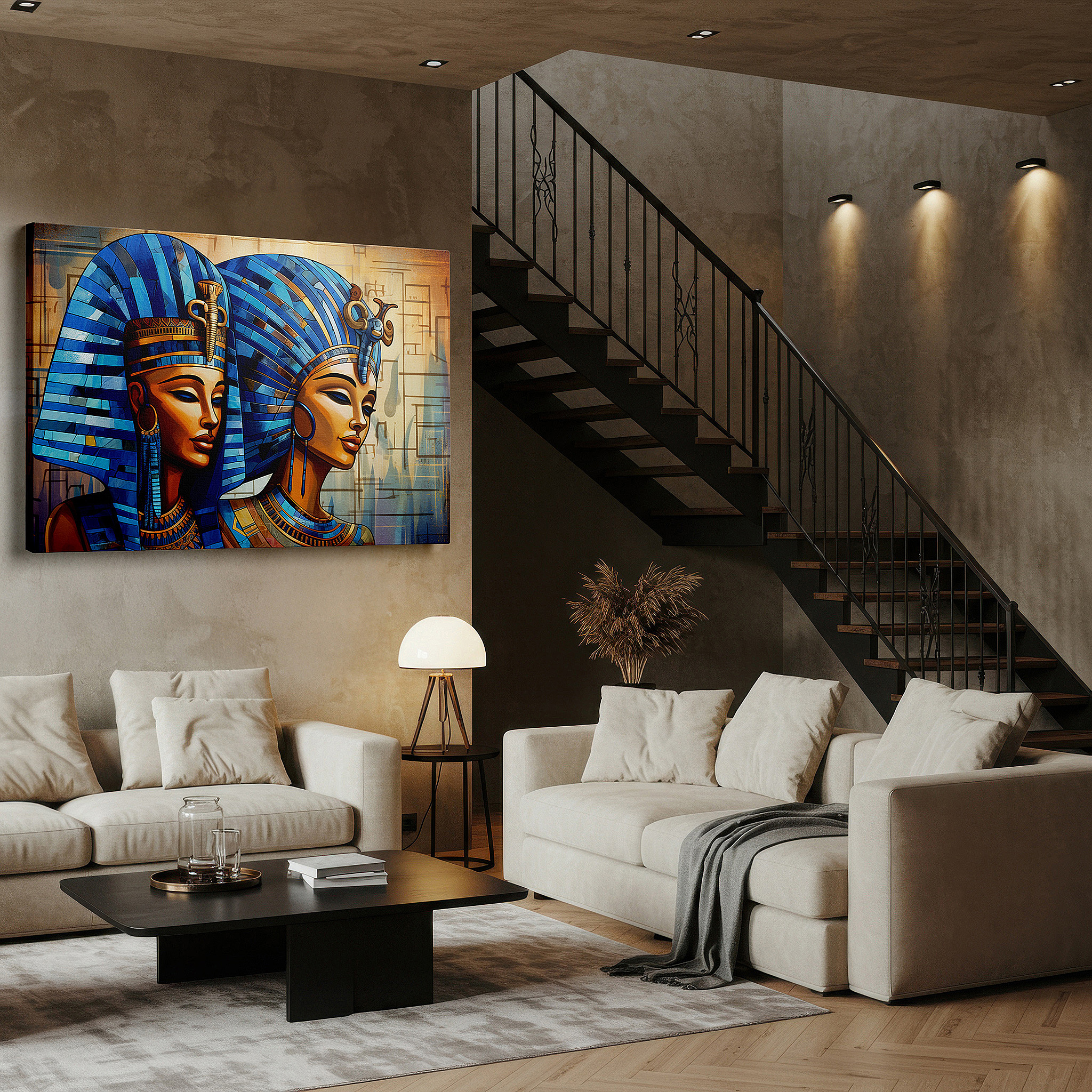 Framed by abstract decor and natural-toned accessories — ancient egyptian queens in blue headdresses and gold jewelry large wall art, canvas wall art, wall decor for office