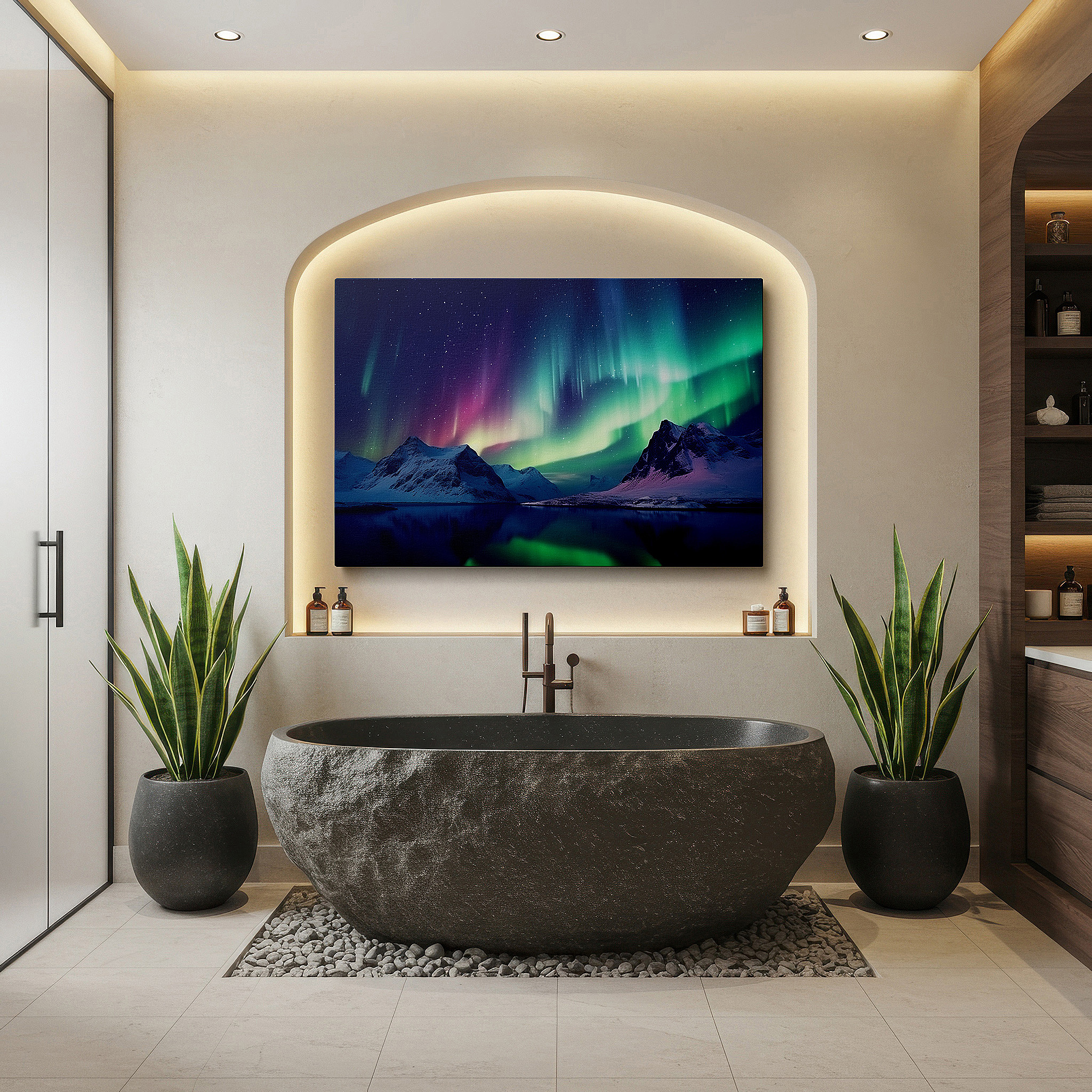 Framed by abstract decor and natural-toned accessories — aurora borealis over snow-capped mountains and tranquil lake reflection large canvas wall art for home and office decor