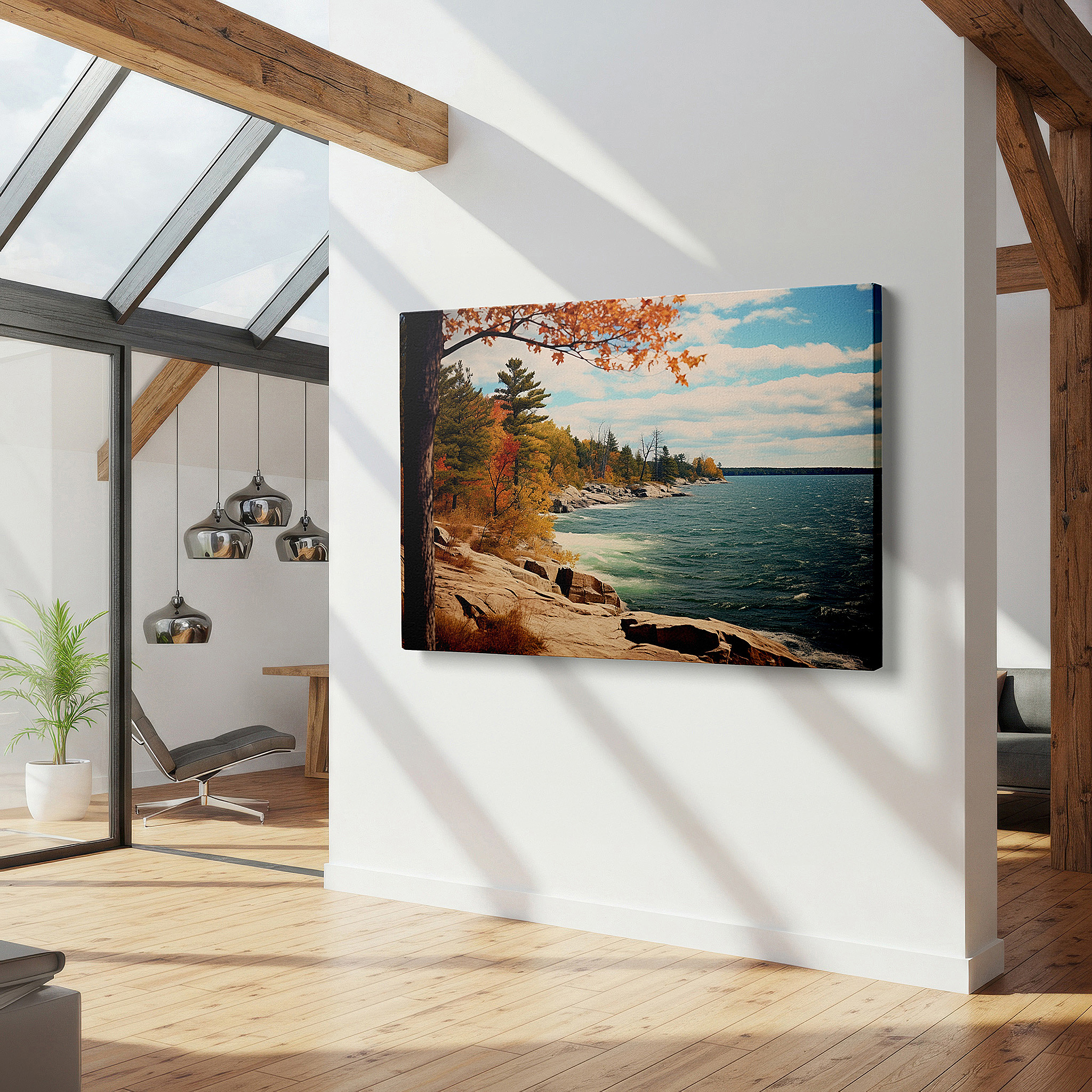 Framed by abstract decor and natural-toned accessories — autumnal serenity by the lake: vibrant foliage and tranquil waters under a clear blue sky - large wall art, canvas wall art, wall decor for office