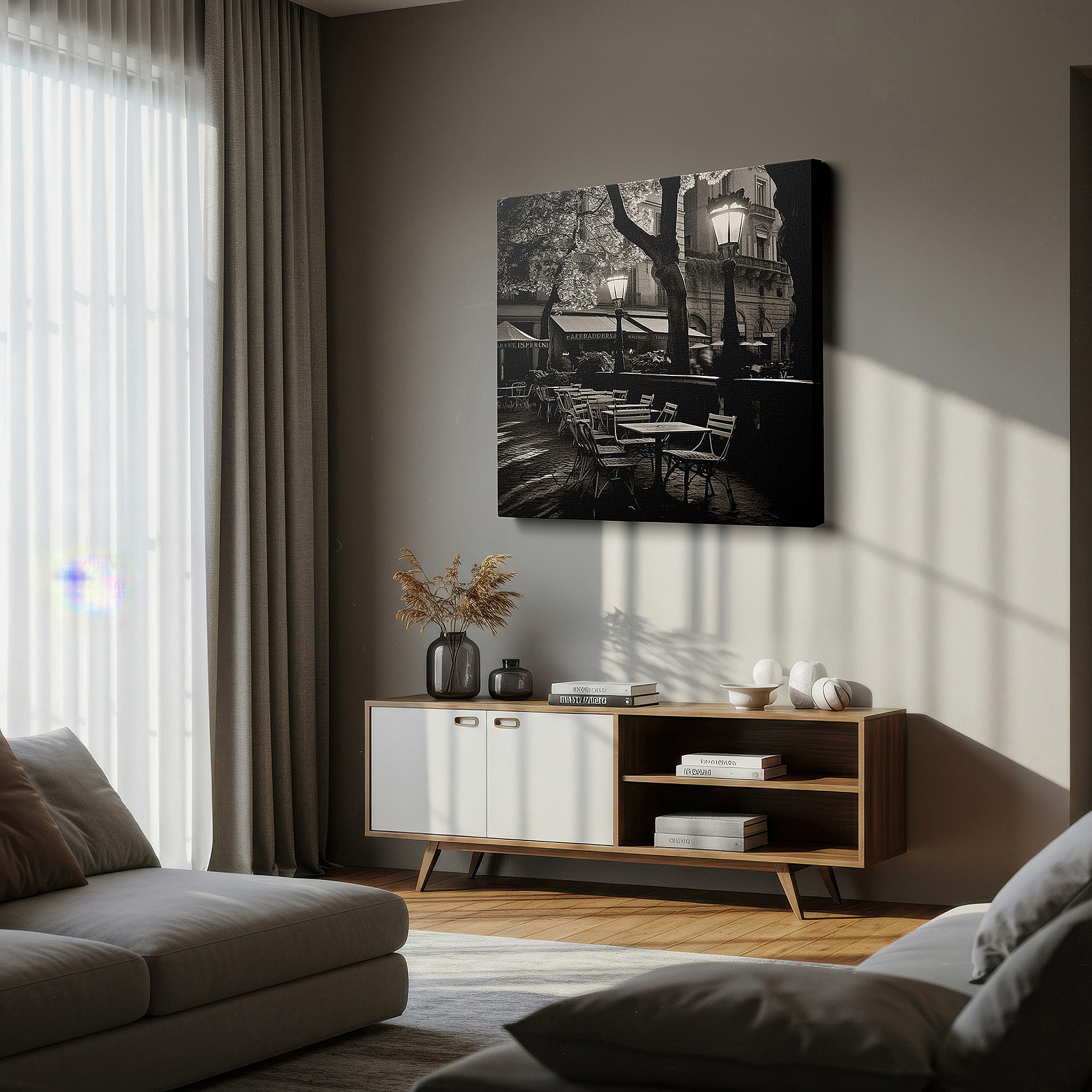 Framed by abstract decor and natural-toned accessories — black and white café terrace wall art: timeless elegance under majestic trees - large canvas for home and office decor