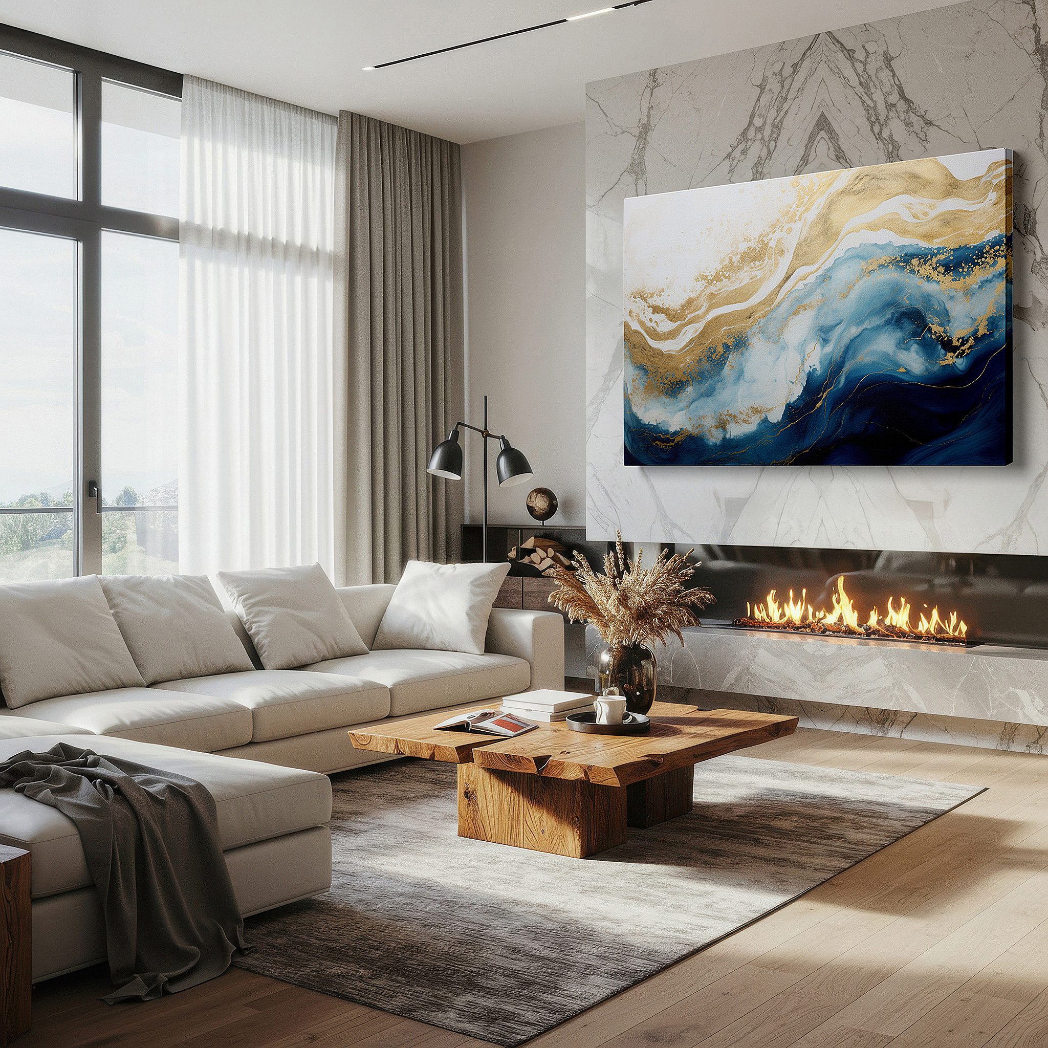 Framed by abstract decor and natural-toned accessories — blue and gold swirling ocean-inspired masterpiece: tranquil large wall art for modern decor, canvas wall art, office wall decor