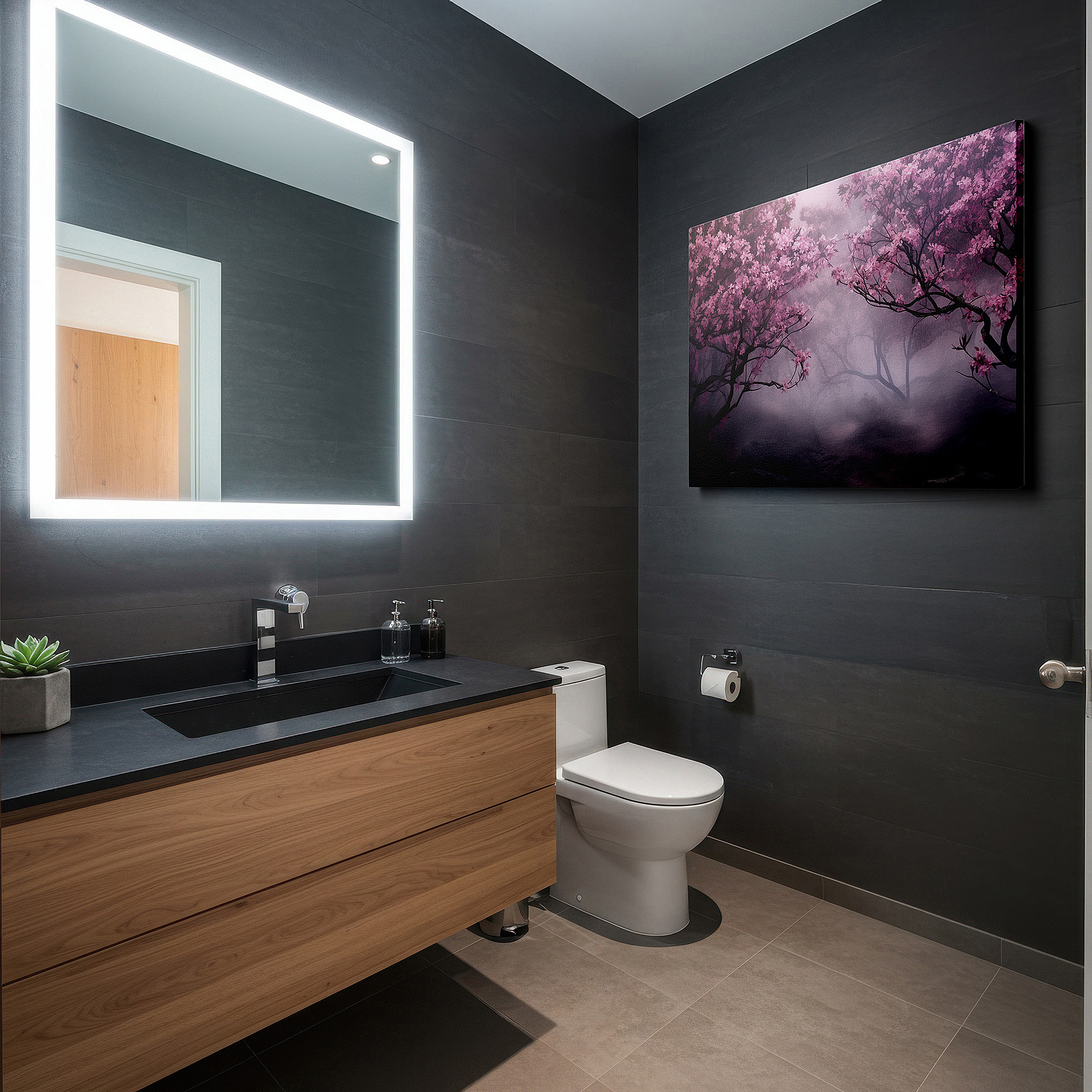 Framed by abstract decor and natural-toned accessories — cherry blossoms in mist: dreamlike large wall art, canvas decor for office