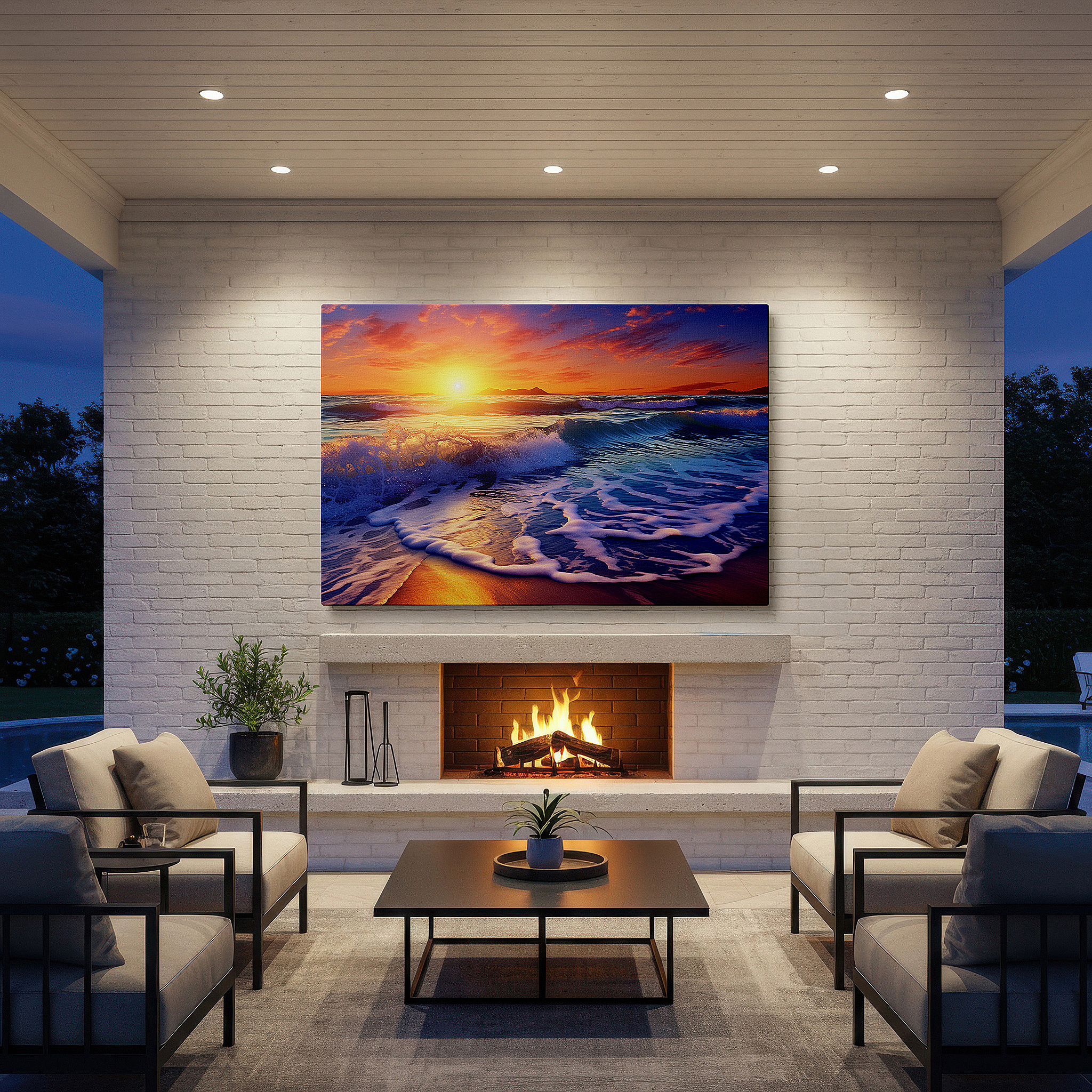Framed by abstract decor and natural-toned accessories — coastal sunset magic: vibrant ocean waves and serene sky reflections - large canvas wall art for office and bedroom decor