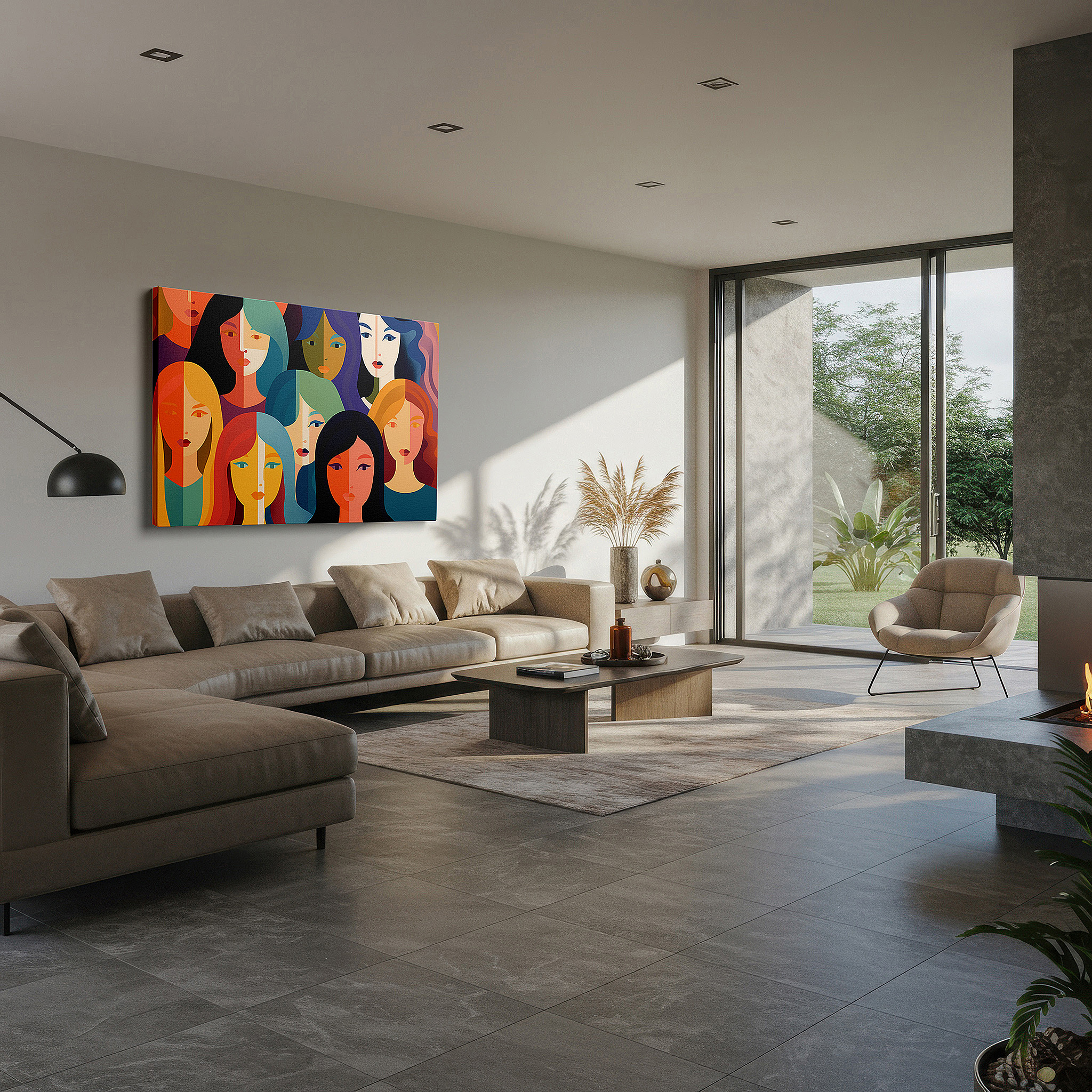 Framed by abstract decor and natural-toned accessories — a colorful celebration of femininity, diversity, and empowerment featuring dynamic faces and hues in large wall art, canvas wall art, and wall decor.