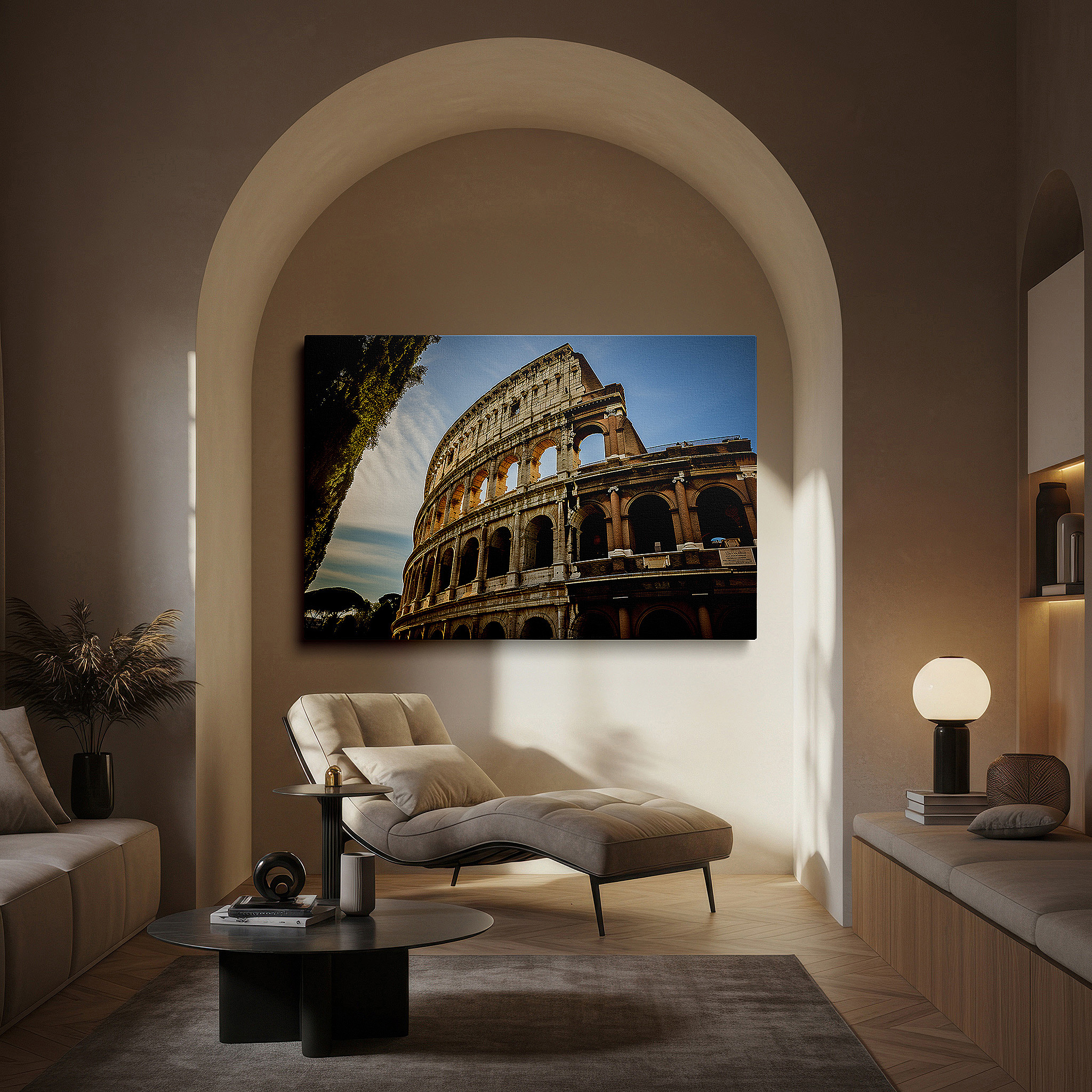 Framed by abstract decor and natural-toned accessories — colosseum daytime splendor: a journey through rome's storied past - large canvas wall art for office and bedroom decor