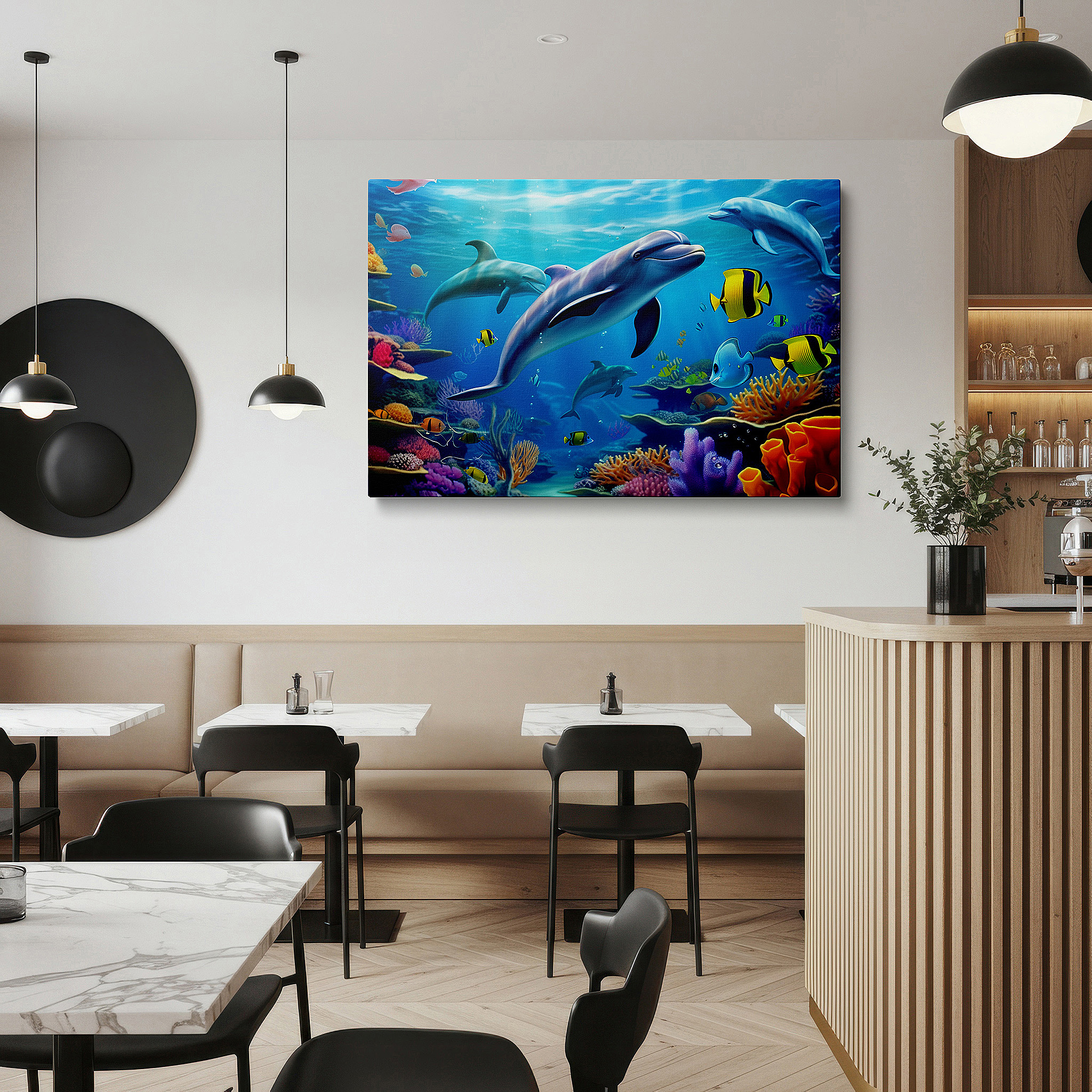 Framed by abstract decor and natural-toned accessories — dolphin and coral reef wall art - tranquil underwater symphony - large canvas for home and office decor