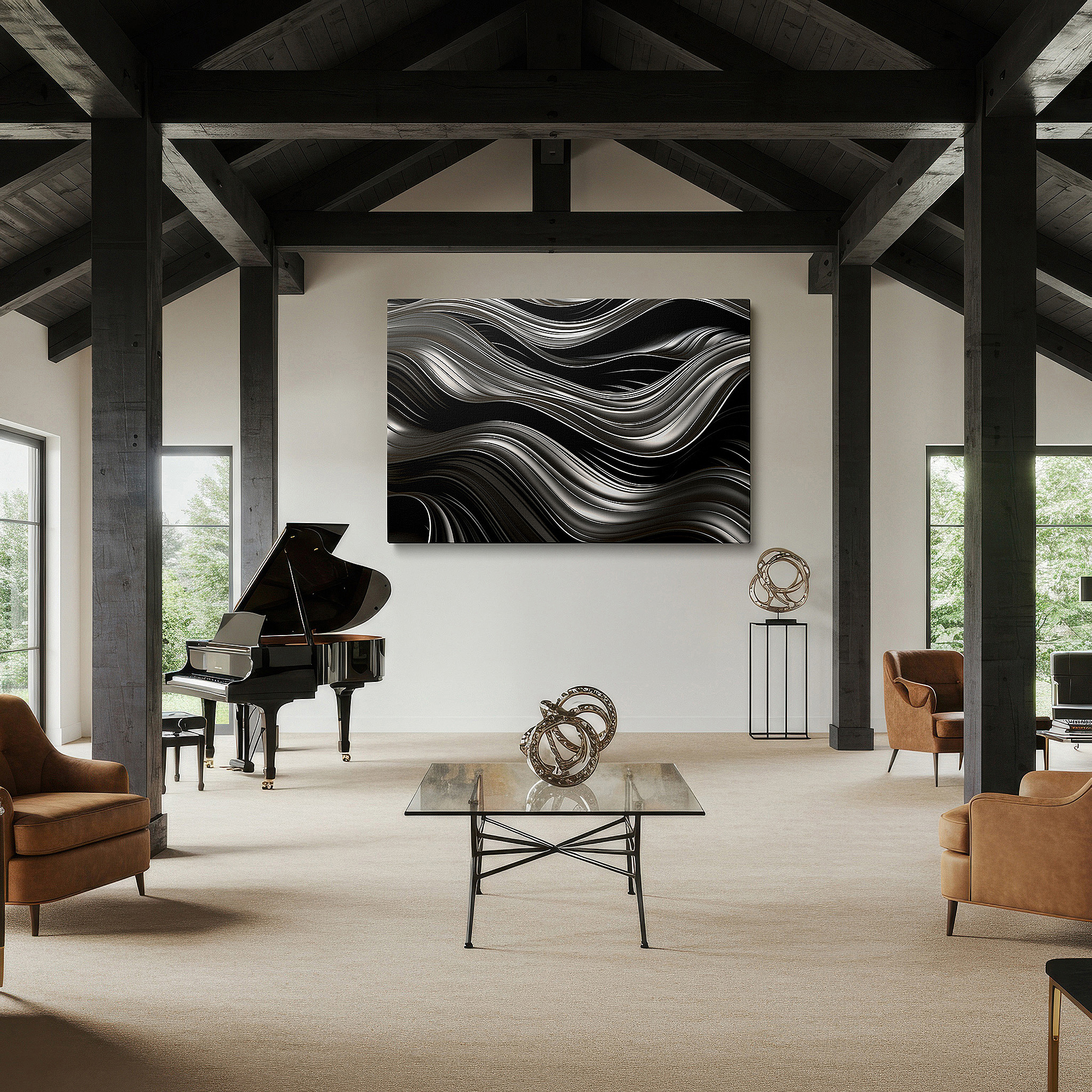 Framed by abstract decor and natural-toned accessories — dramatic black waves: a symphony of movement and light - large canvas wall art for office and bedroom decor