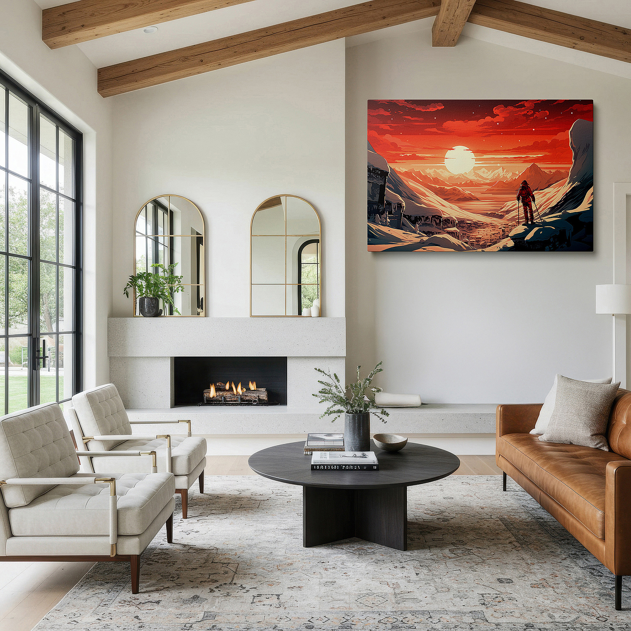 Framed by abstract decor and natural-toned accessories — dusk triumph - mountaineer's victory over snow-capped peaks under a majestic sunset large wall art, canvas wall art, wall decor, office wall art