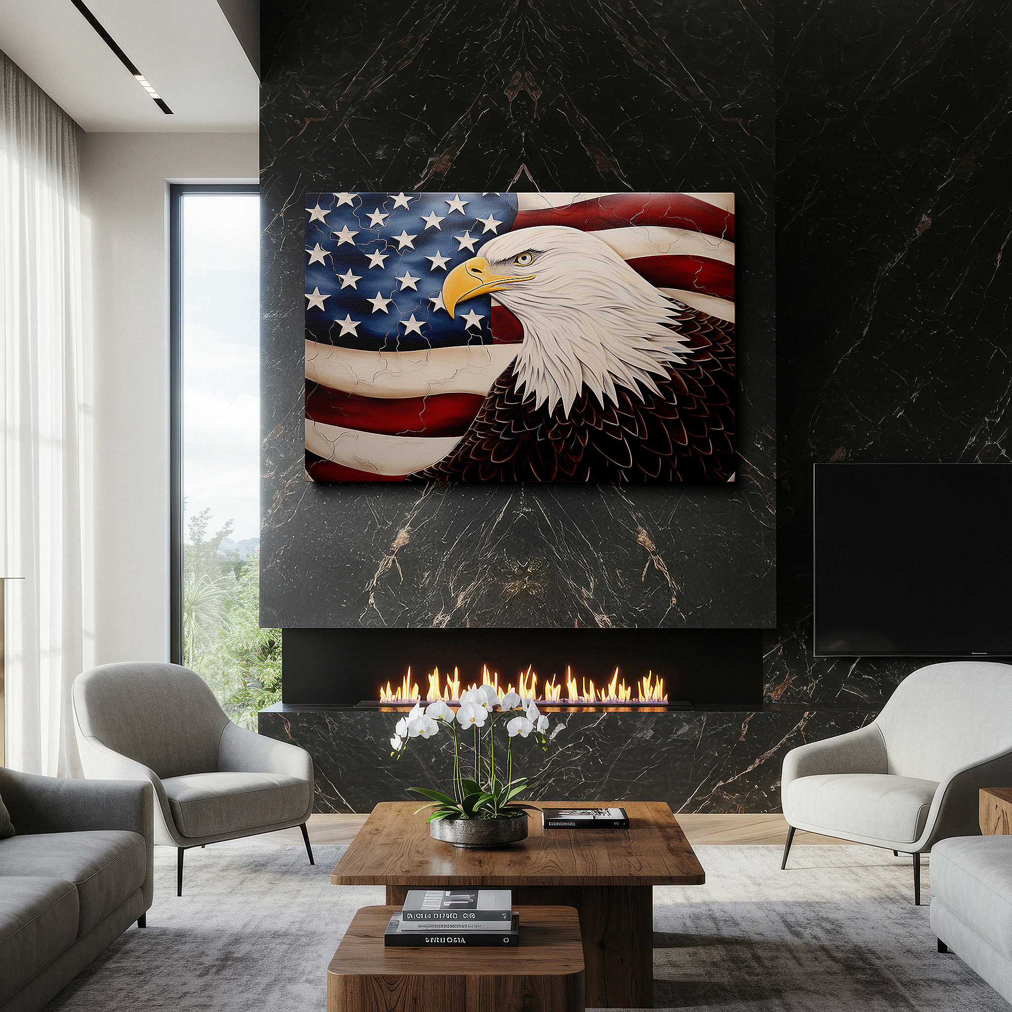 Framed by abstract decor and natural-toned accessories — eagle and american flag wall art - symbolizing strength, freedom, and unity, ideal for office decor, large canvas
