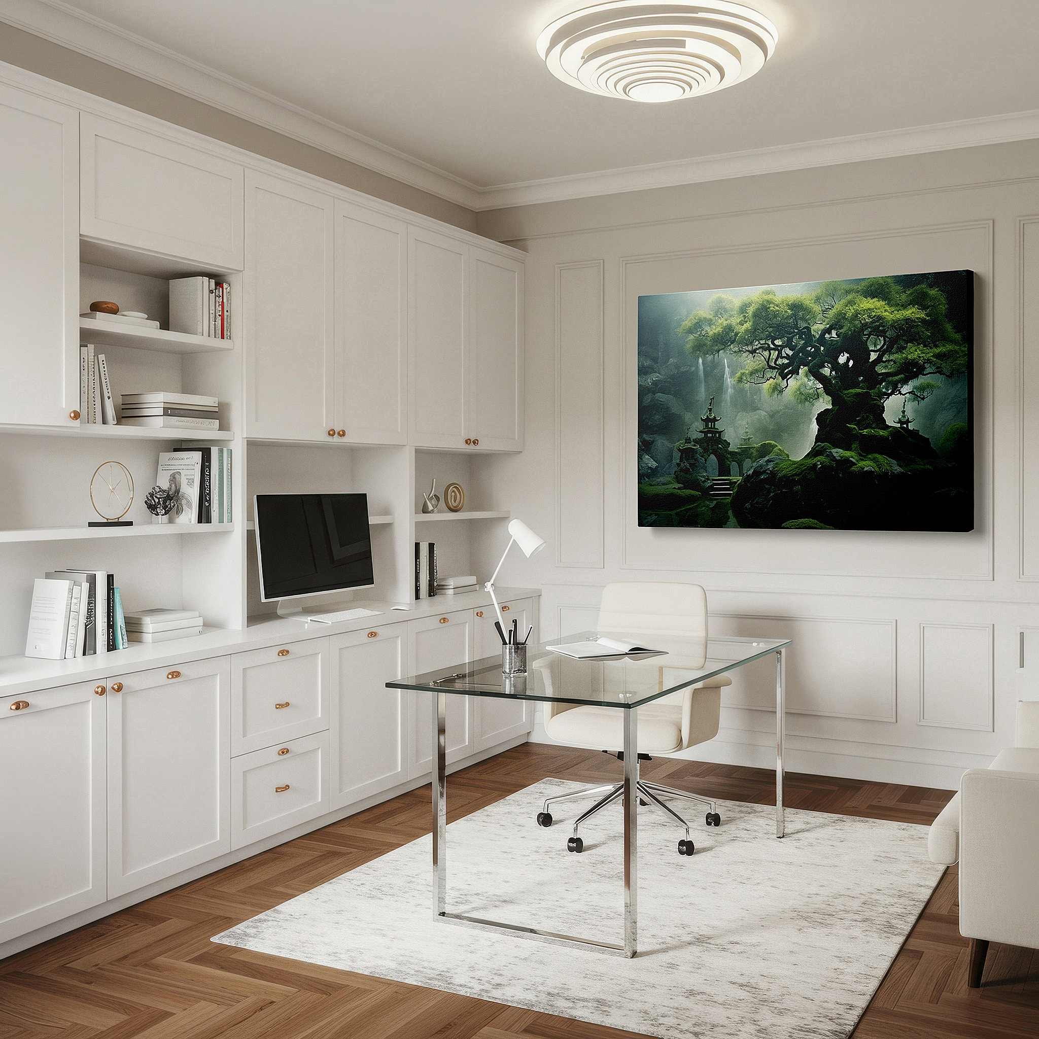 Framed by abstract decor and natural-toned accessories — enchanting landscape featuring eternal tree, jagged stones, and graceful pagoda in fog - large canvas wall art for office and bedroom decor