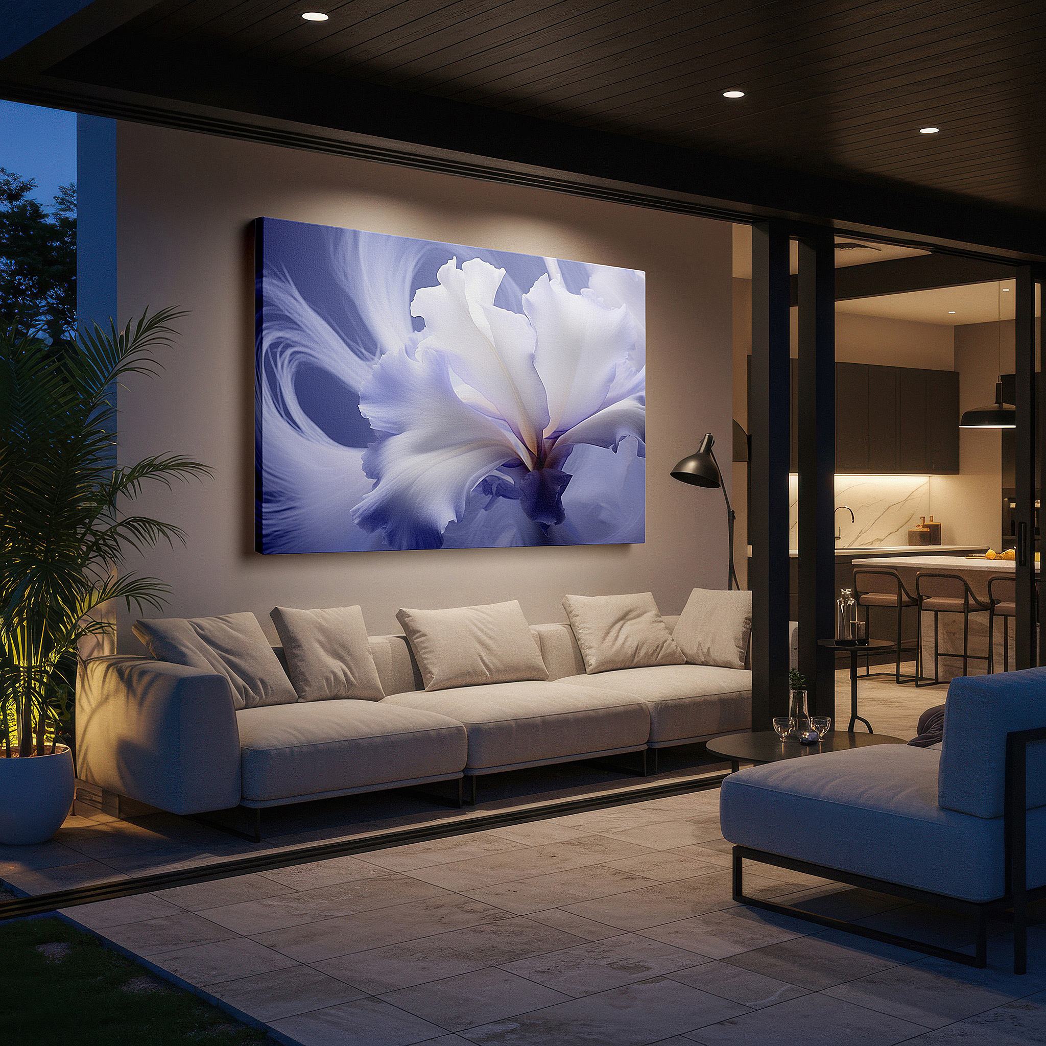 Framed by abstract decor and natural-toned accessories — ethereal light purple iris wall art for the office: a tranquil masterpiece of subtle beauty - large canvas wall decor