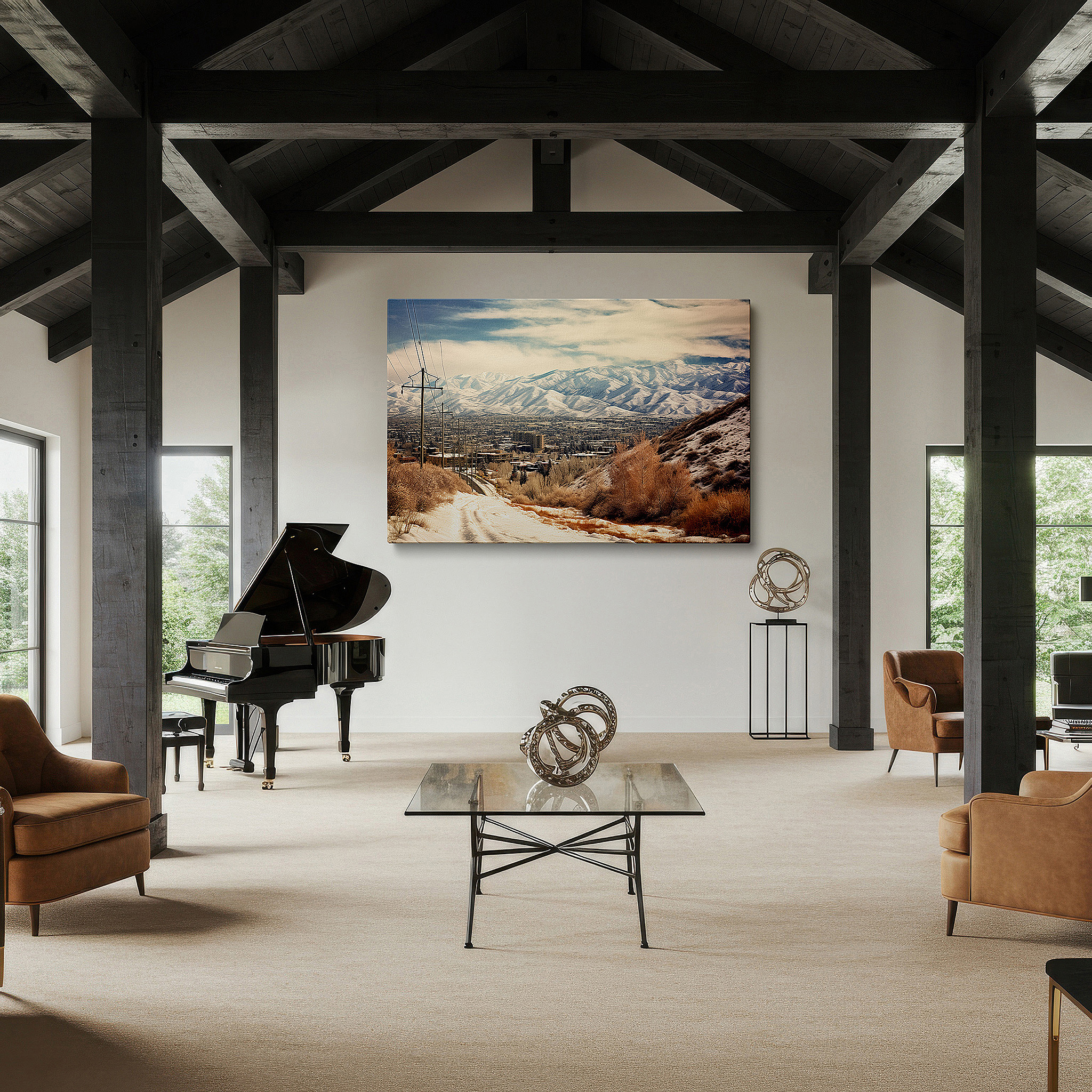 Framed by abstract decor and natural-toned accessories — explore a peaceful winter scene with snow-capped mountains and pristine trails - large wall art, canvas wall art, wall decor