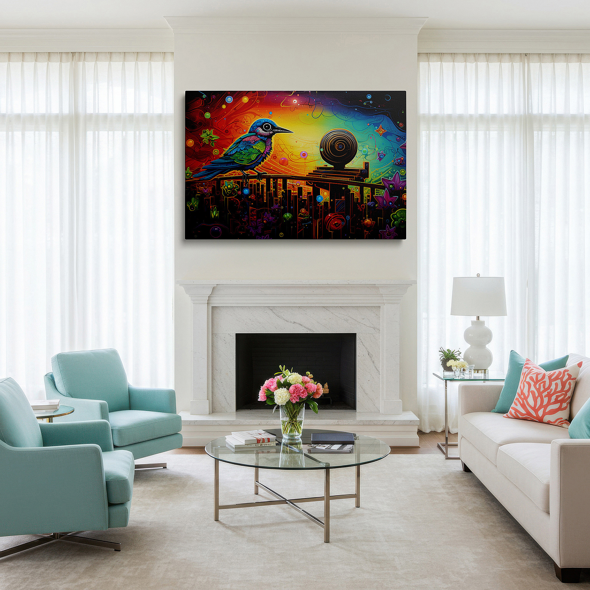 Framed by abstract decor and natural-toned accessories — fantasy meets reality: vivid bird centerpiece with abstract natural elements, large canvas wall art for home and office decor