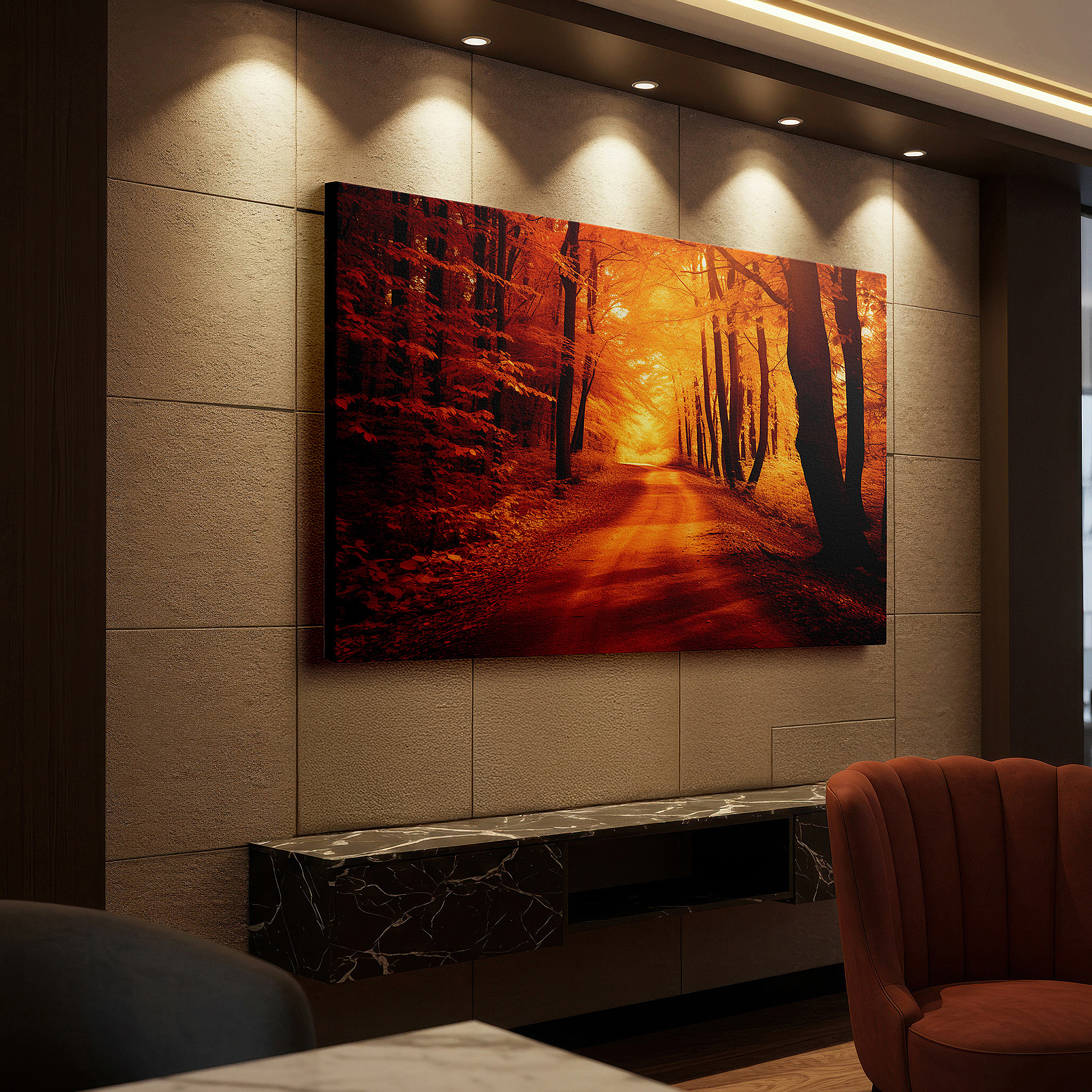 Framed by abstract decor and natural-toned accessories — fiery autumnal pathway canvas print: serene wall art for office or bedroom decor