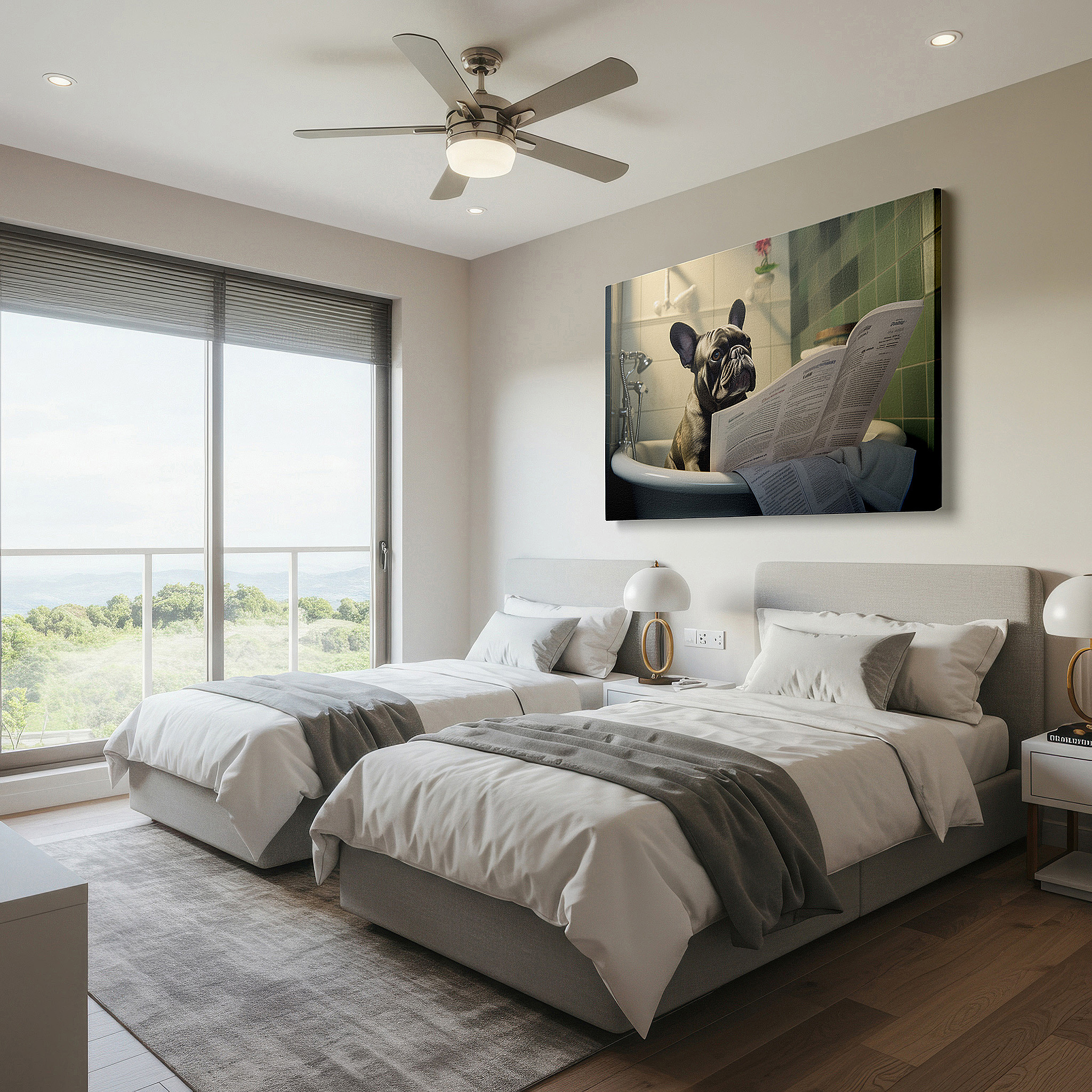 Framed by abstract decor and natural-toned accessories — french bulldog relishing a bath and reading the newspaper - large canvas wall art for office, bedroom, and living room decor